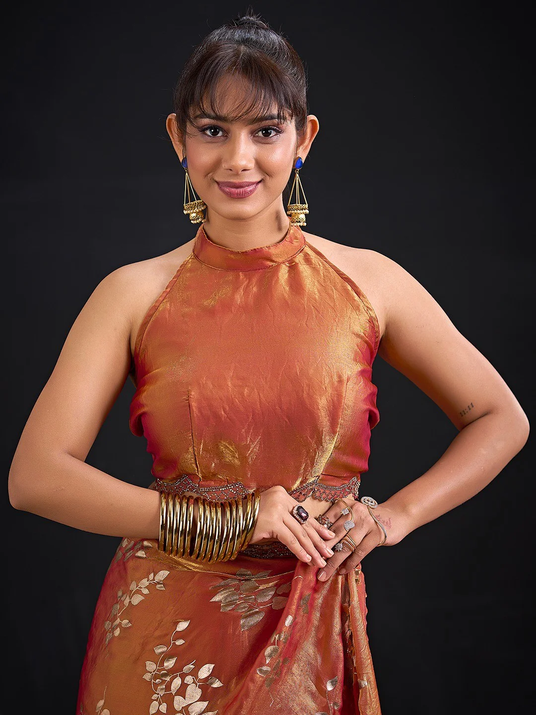 Designer Rust Orange Satin Silk Saree With Leaf Foil Print & Stone Work Border - Image 2