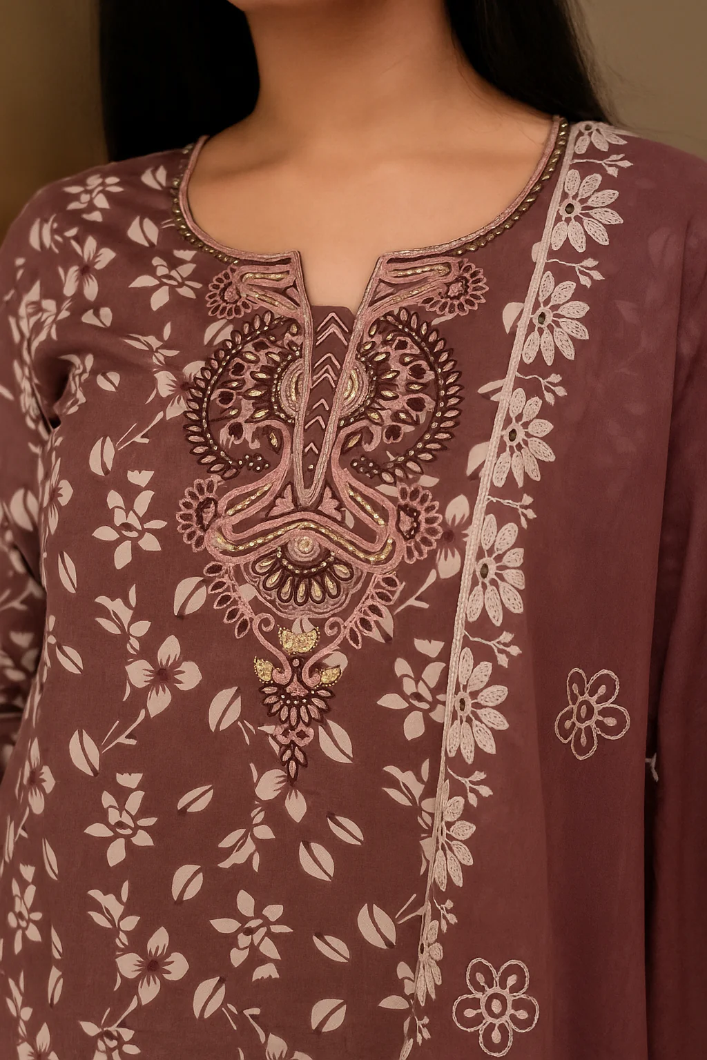 Designer Rust Pure Mulmul Cotton Sharara Suit with Floral Motifs - Image 2