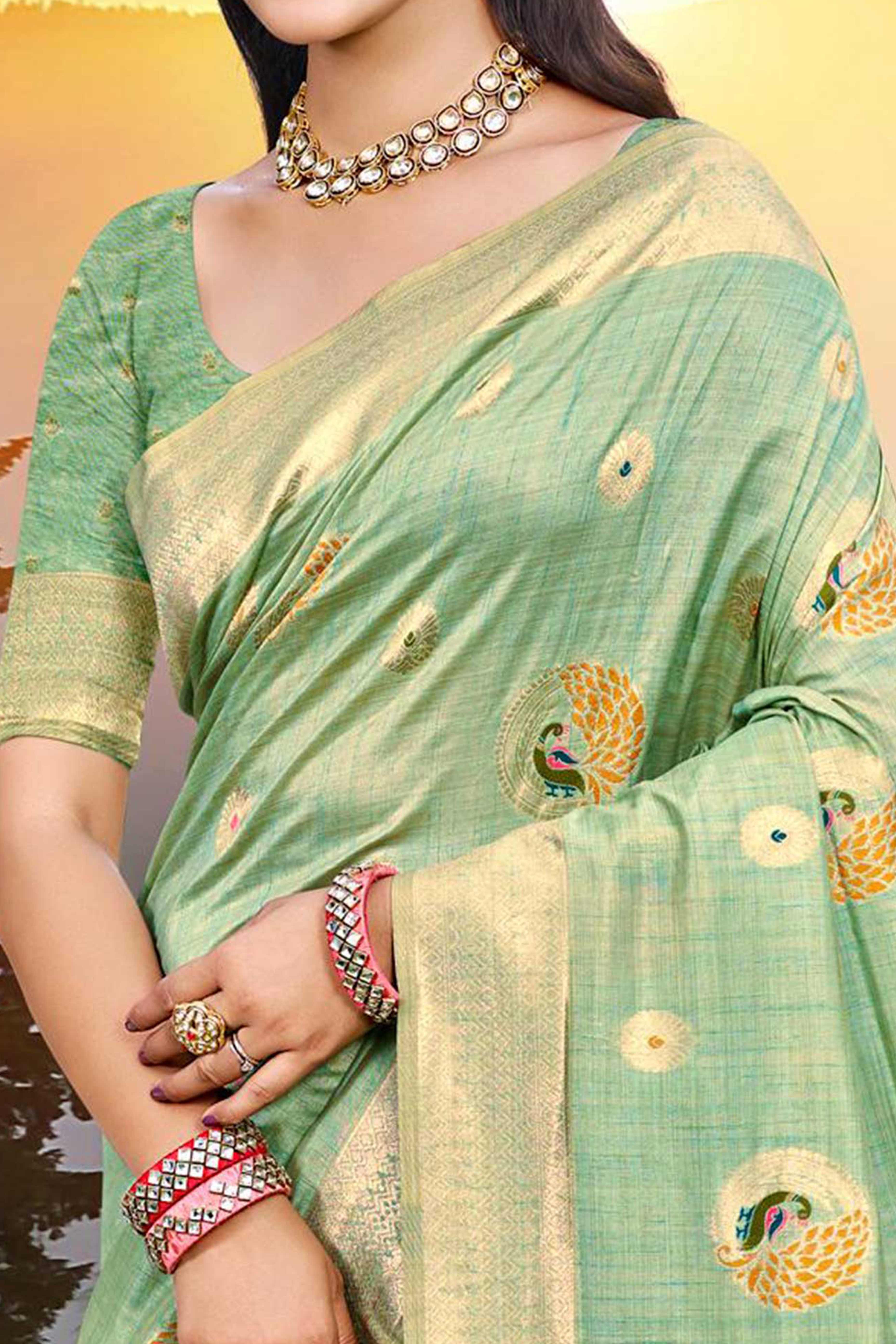 Designer Sea Green Assam Silk Blend Saree Adorned With Peacock Zari Weaving & Tassel Pallu - Image 2