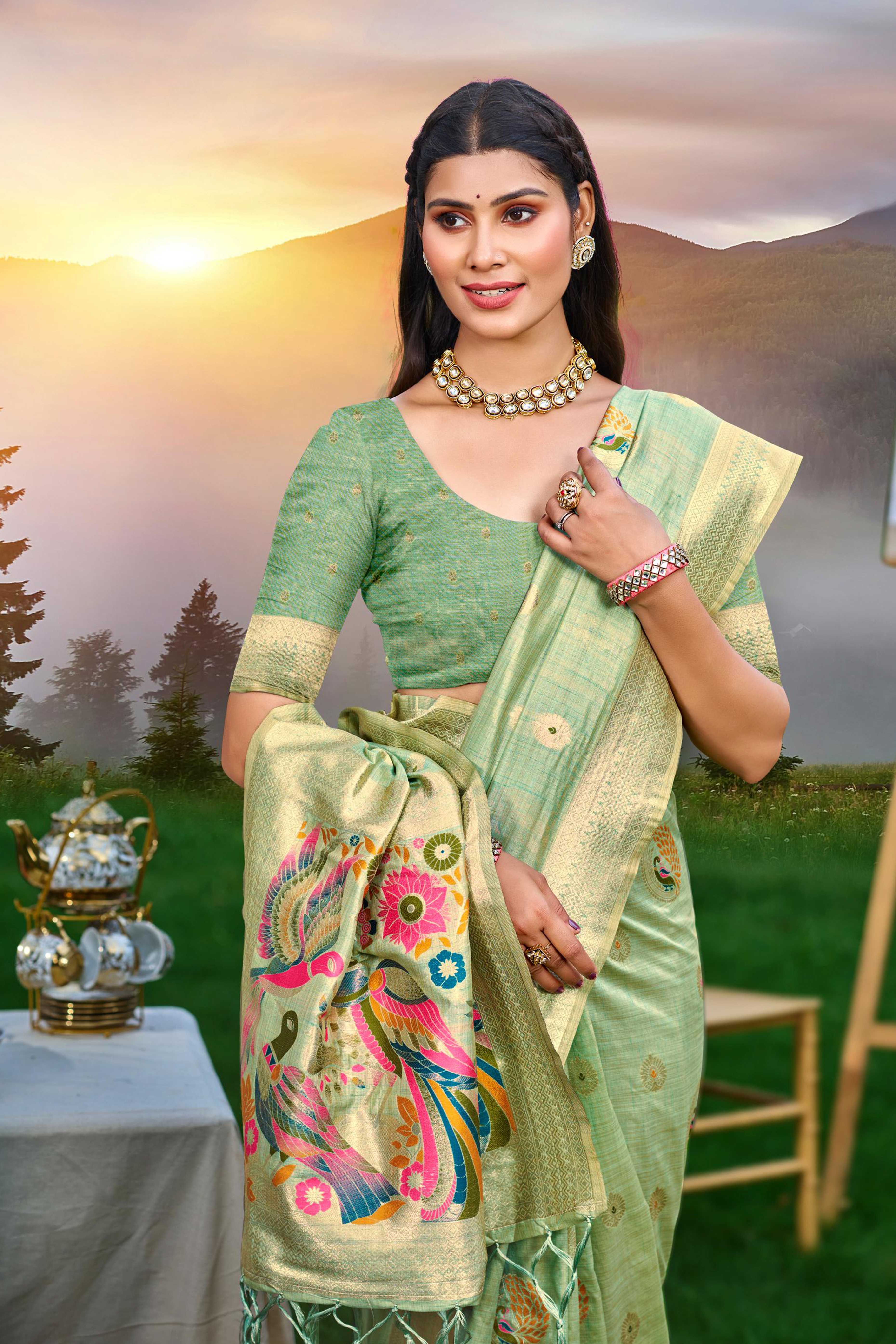 Designer Sea Green Assam Silk Blend Saree Adorned With Peacock Zari Weaving & Tassel Pallu - Image 3