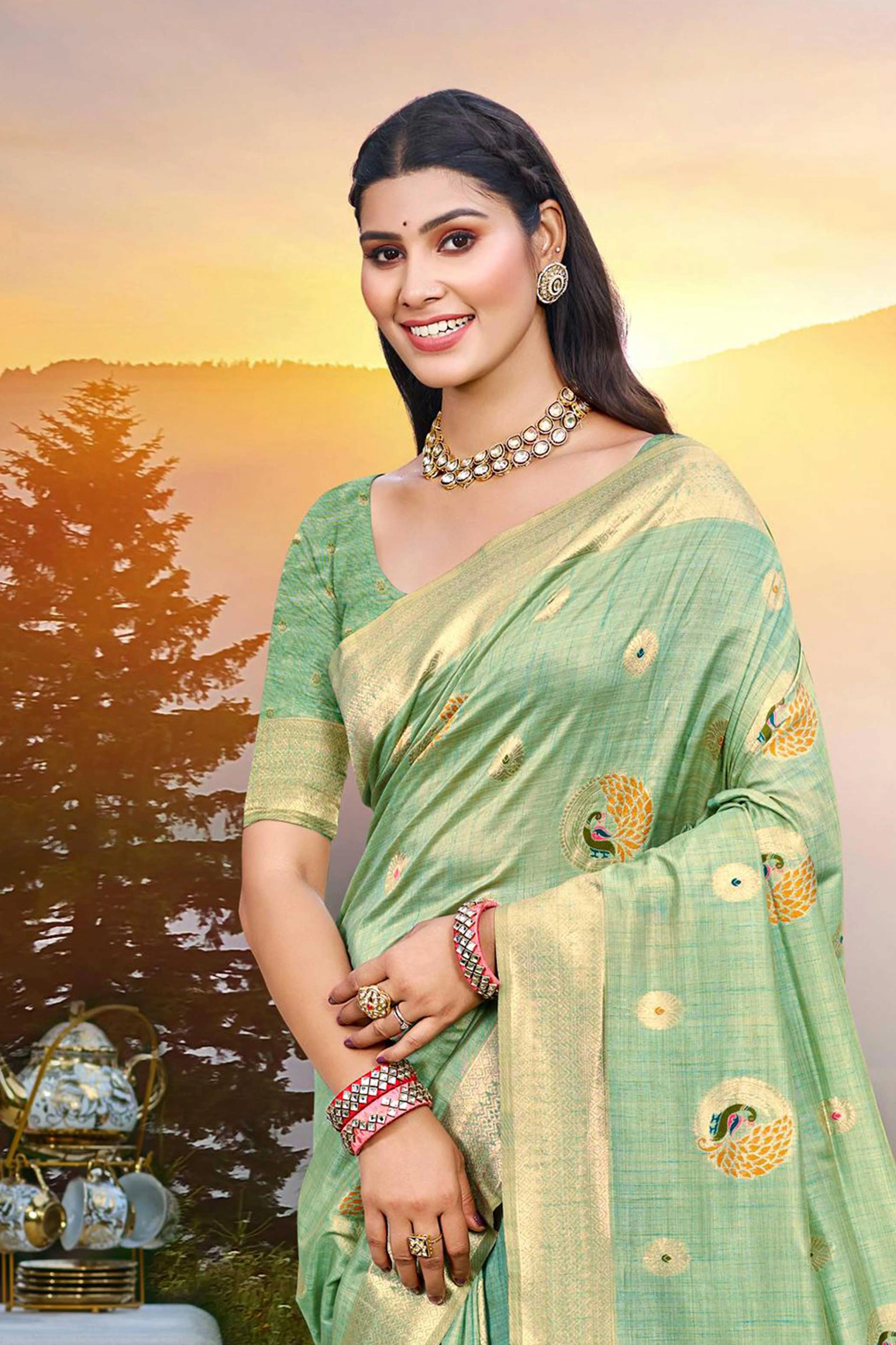 Designer Sea Green Assam Silk Blend Saree Adorned With Peacock Zari Weaving & Tassel Pallu - Image 4