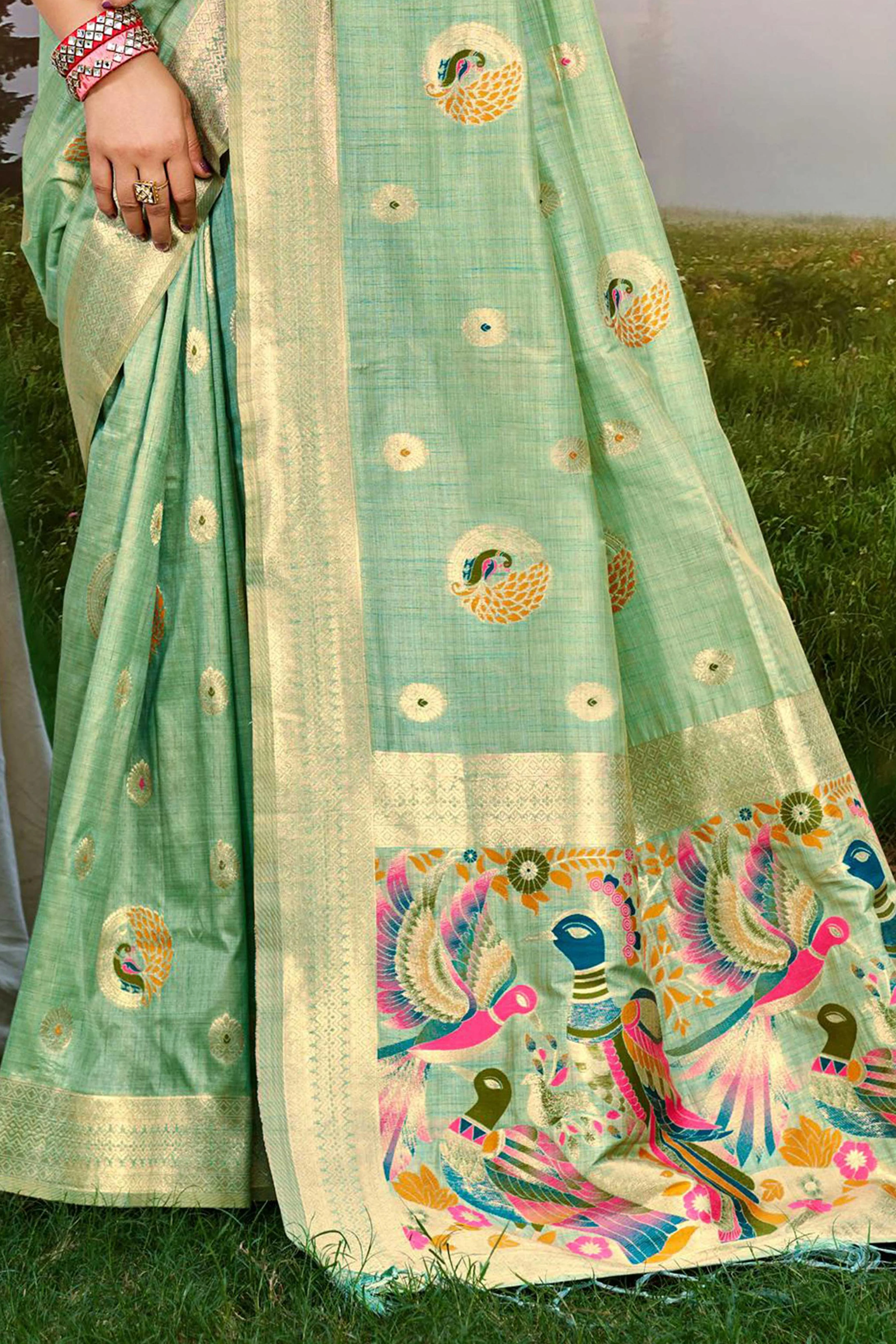 Designer Sea Green Assam Silk Blend Saree Adorned With Peacock Zari Weaving & Tassel Pallu - Image 5