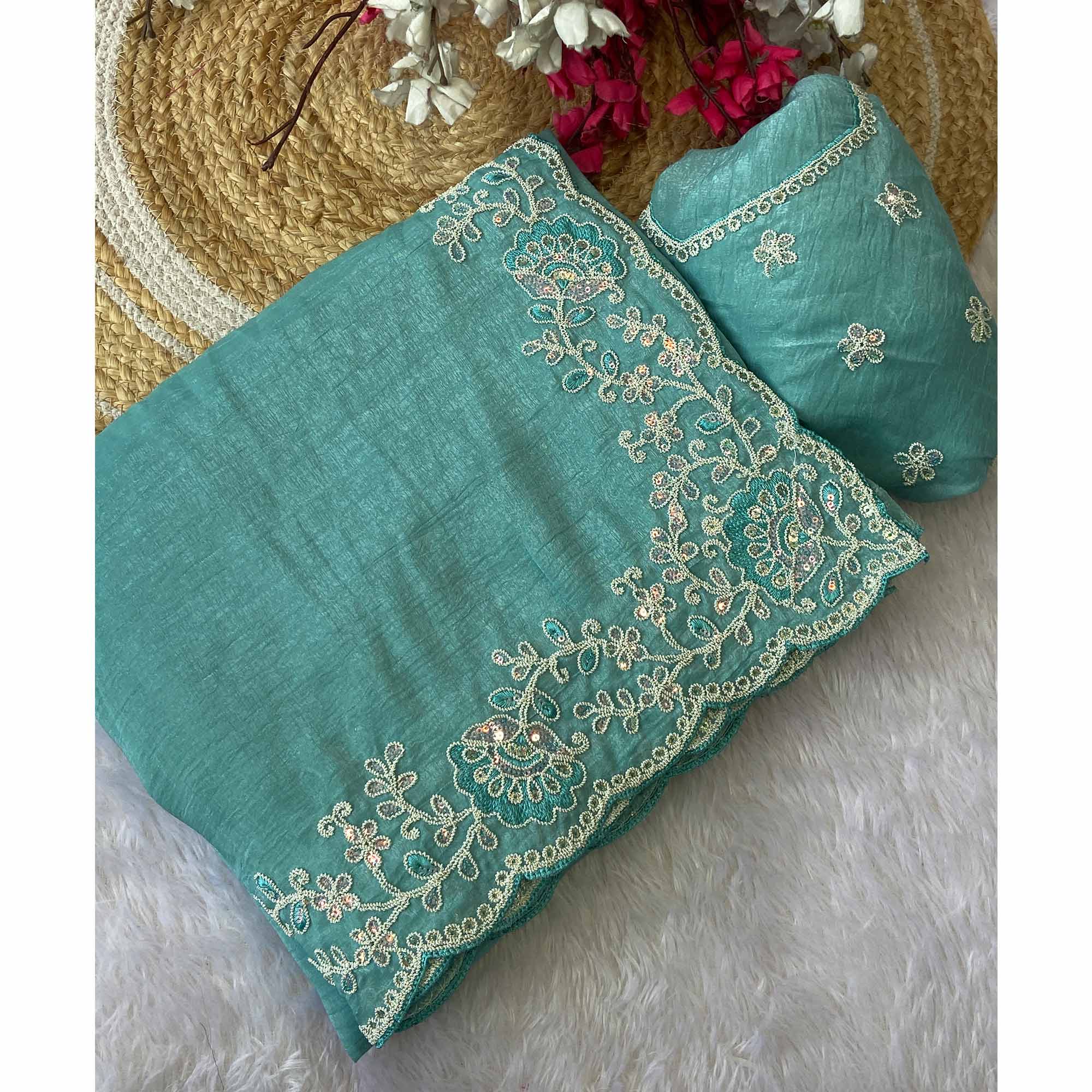 Designer Sea Green Crunchy Texture Tissue Saree with Embroidered Highlights - Image 4