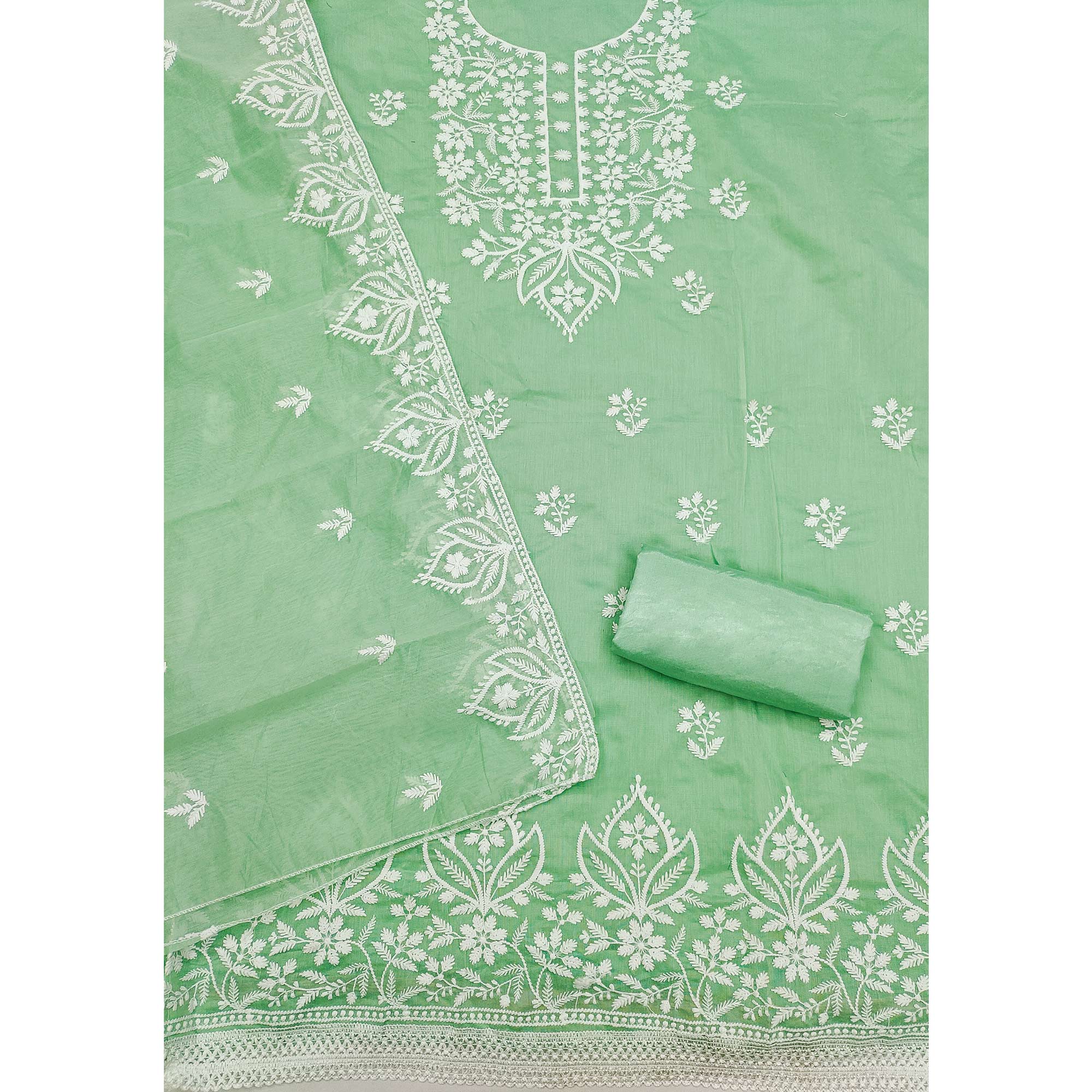 Designer Sea Green Floral Thread Embroidered Chanderi Cotton Dress Material - Image 4