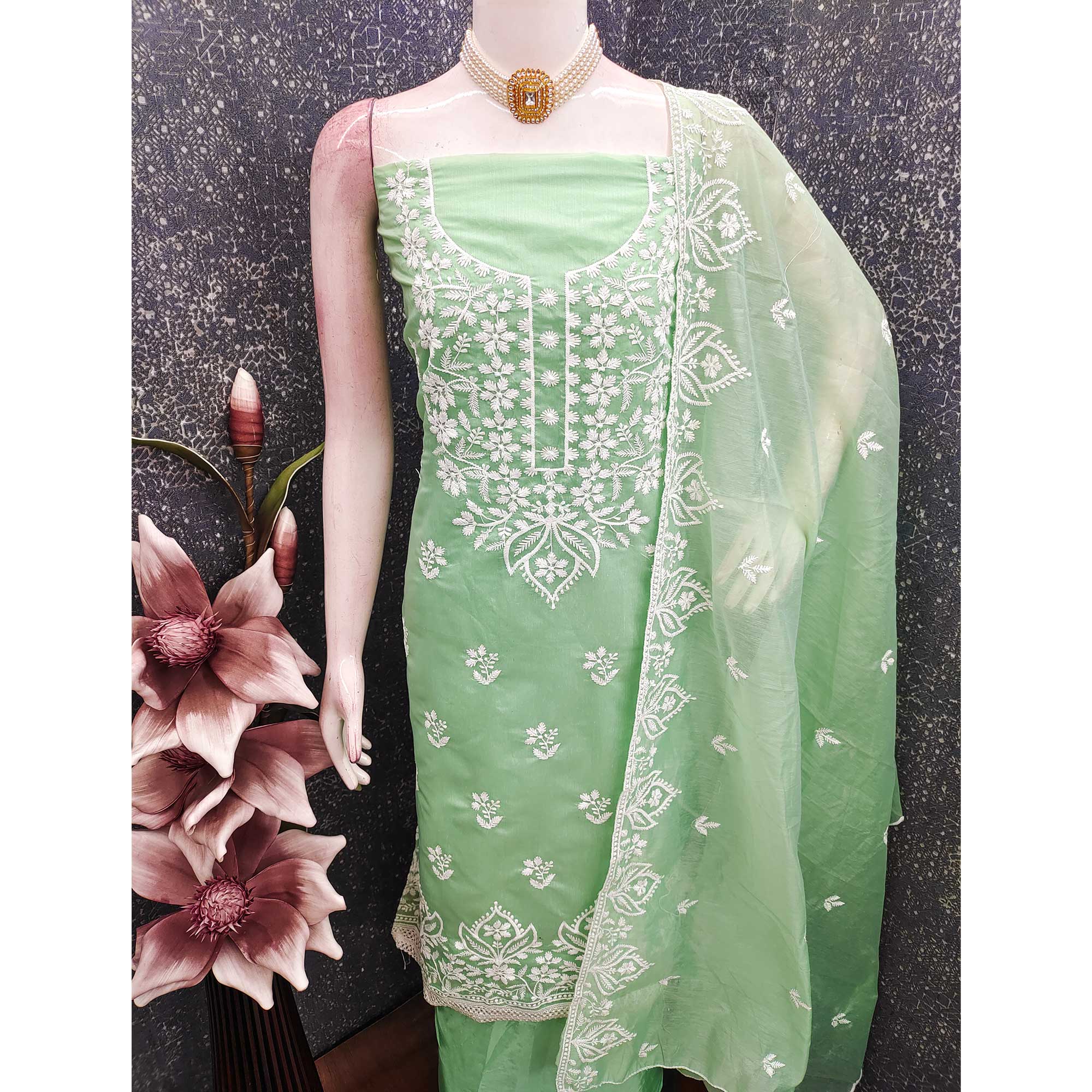 Designer Sea Green Floral Thread Embroidered Chanderi Cotton Dress Material - Image 6