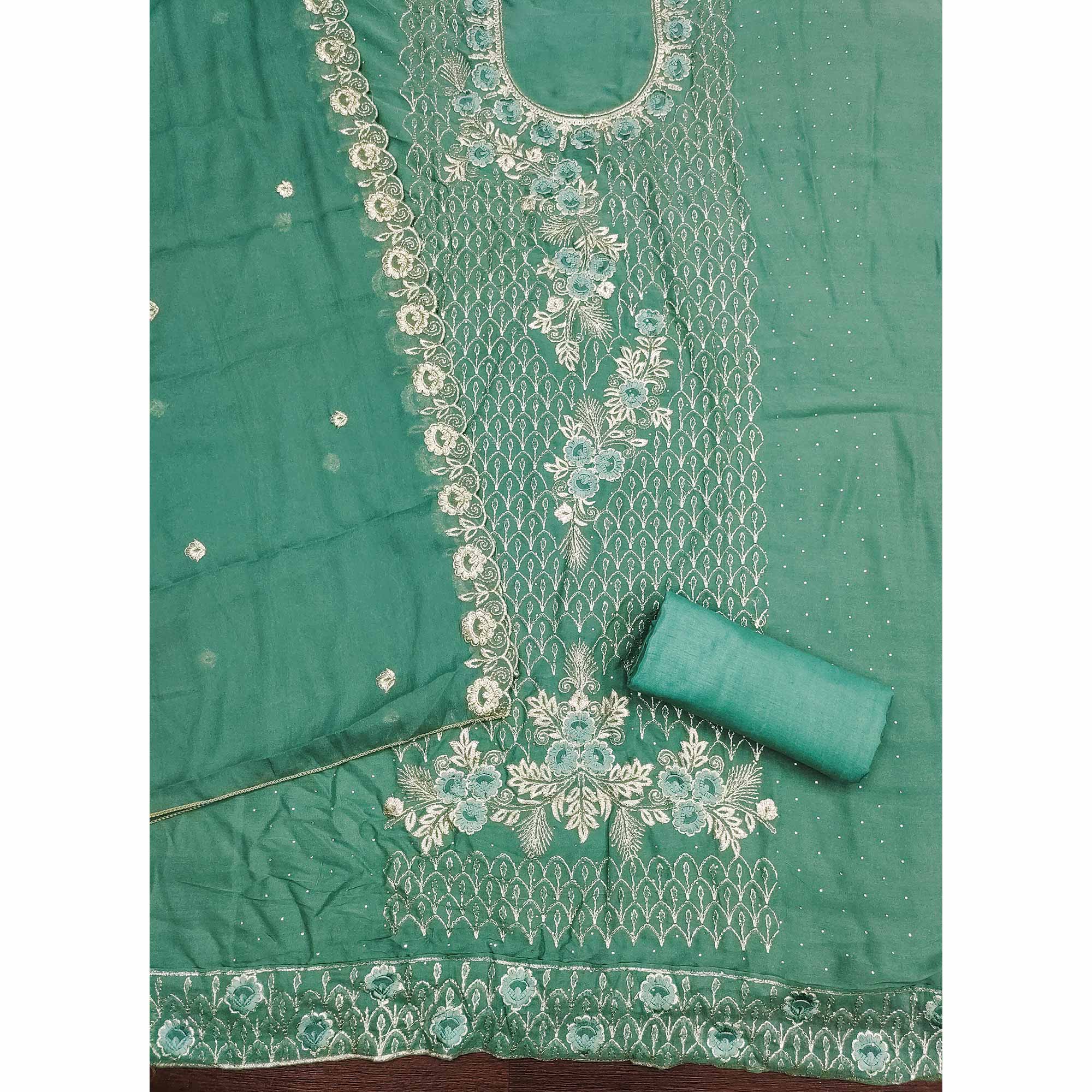 Designer Sea Green Floral Work Embroidered Georgette Unstitched Dress Material - Image 4