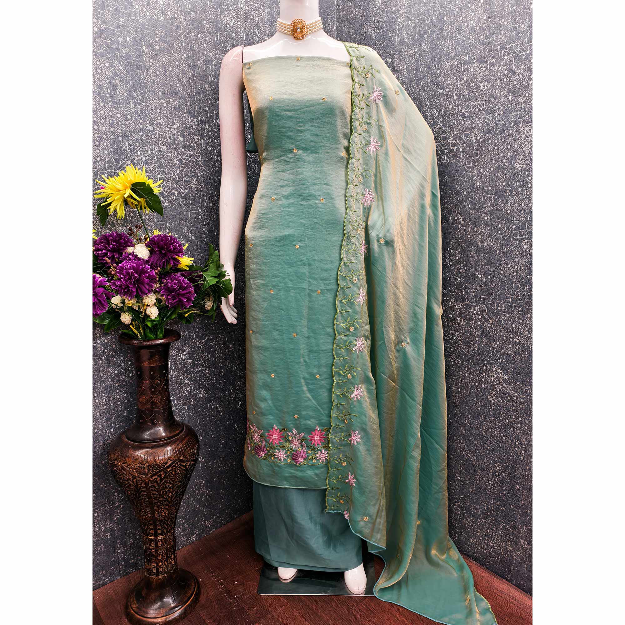 Designer Sea Green Satin Silk Dress Material with Fine Floral Embroidery - Image 3