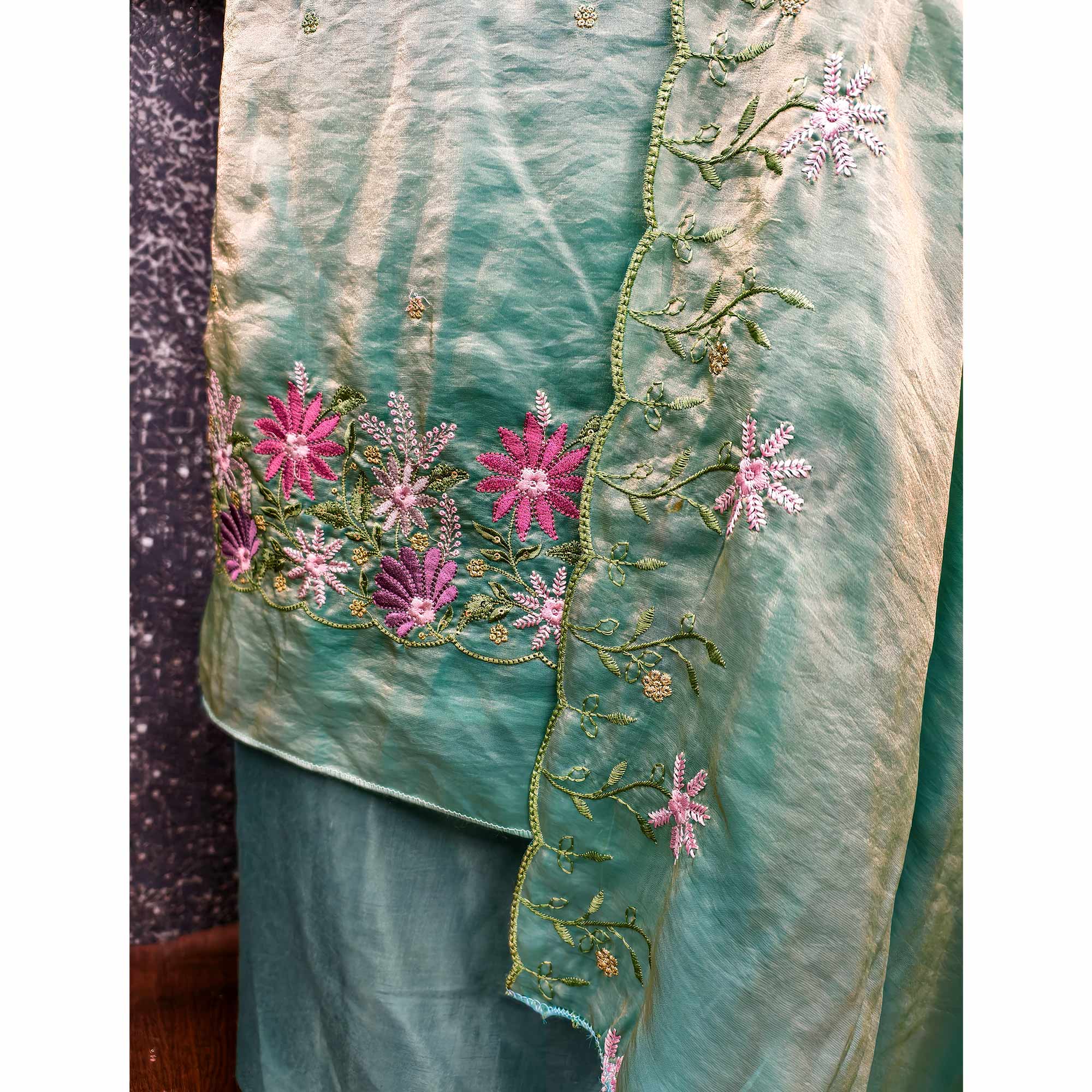 Designer Sea Green Satin Silk Dress Material with Fine Floral Embroidery - Image 4