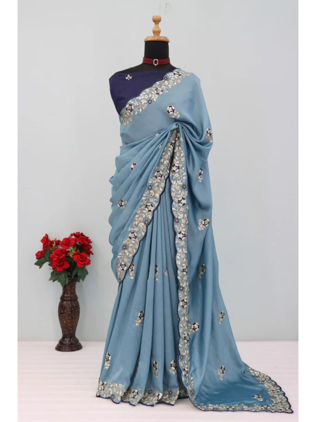 Designer Sky Blue Vichitra Silk Saree with Artistic Embroidered Border for Timeless Ethnic Elegance - Image 3