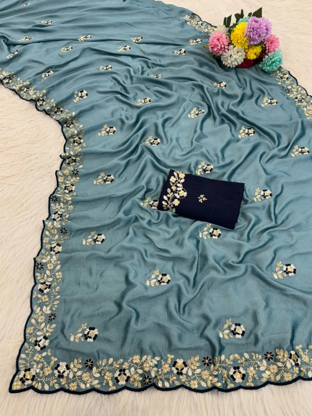 Designer Sky Blue Vichitra Silk Saree with Artistic Embroidered Border for Timeless Ethnic Elegance - Image 6