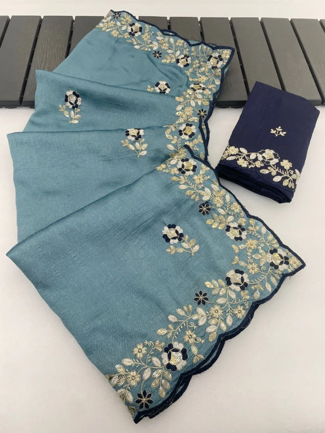 Designer Sky Blue Vichitra Silk Saree with Artistic Embroidered Border for Timeless Ethnic Elegance - Image 7