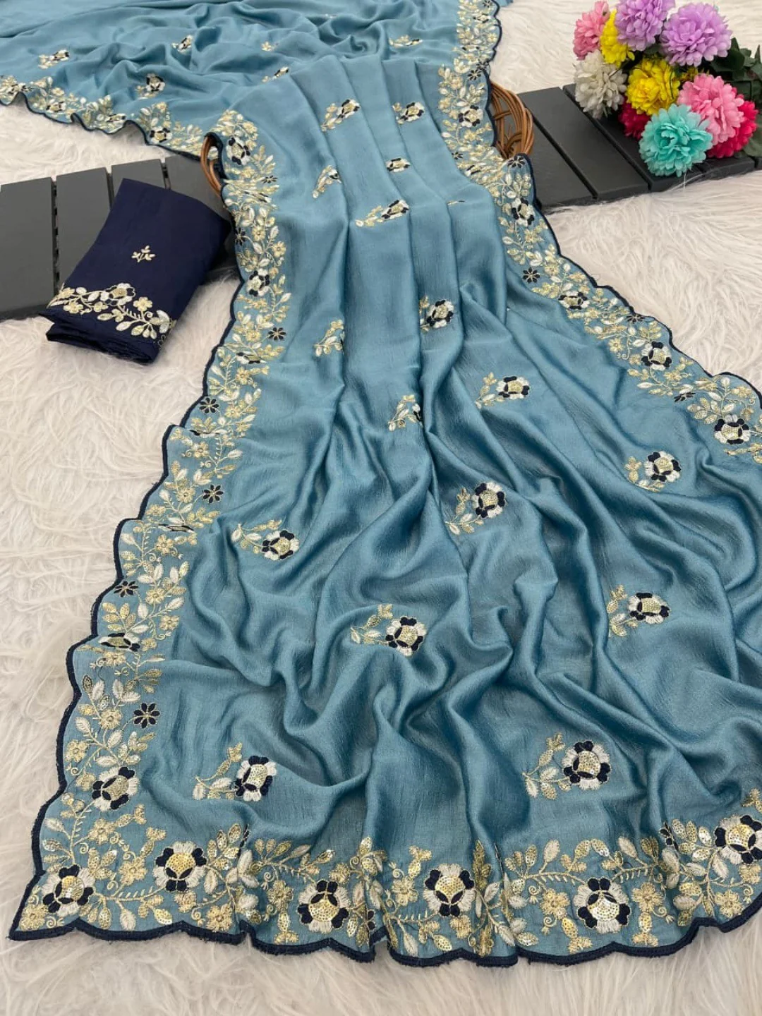 Designer Sky Blue Vichitra Silk Saree with Artistic Embroidered Border for Timeless Ethnic Elegance - Image 8
