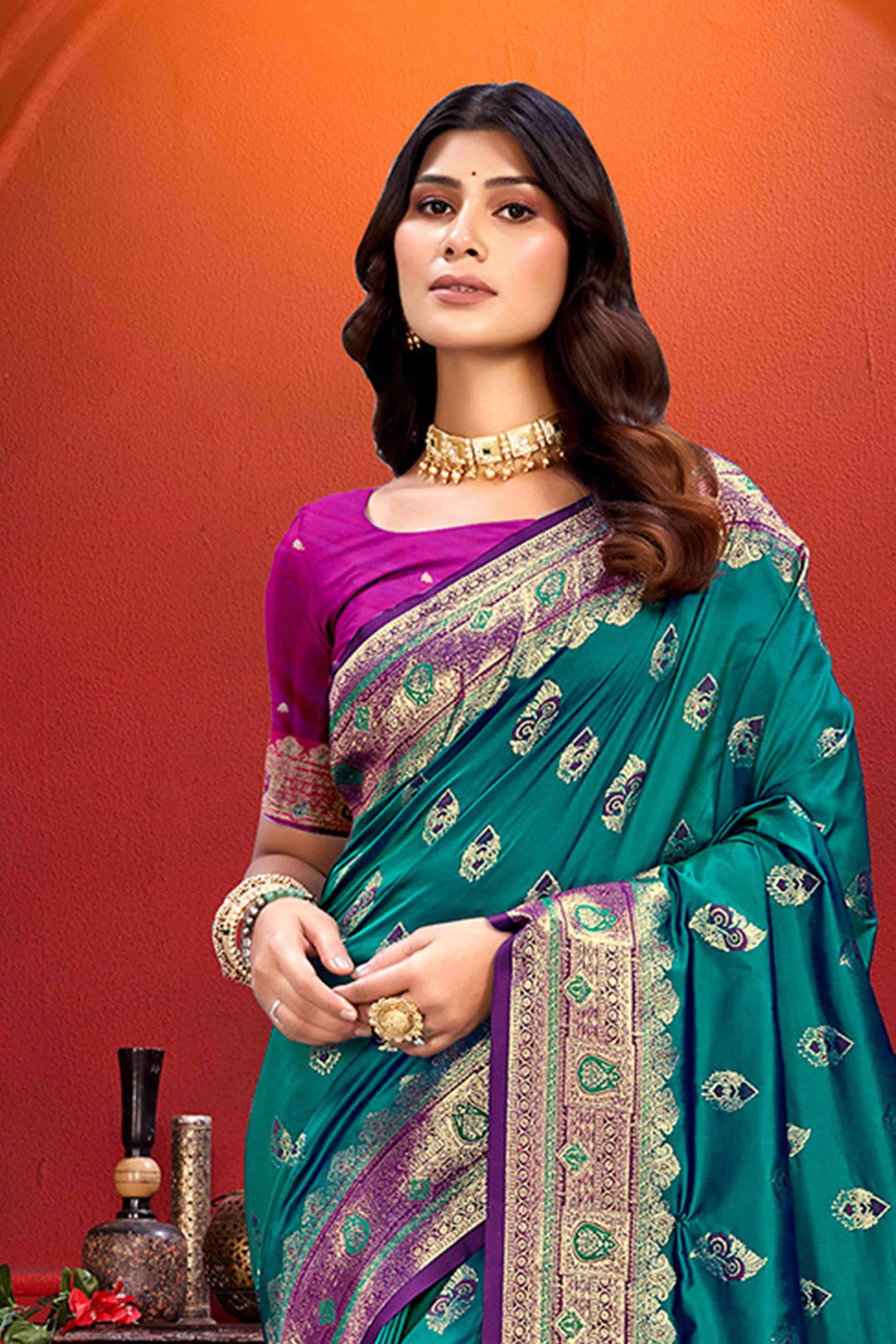 Designer Teal Floral Zari Weaving Silk Blend Saree With Stylish Tassel Pallu - Image 3