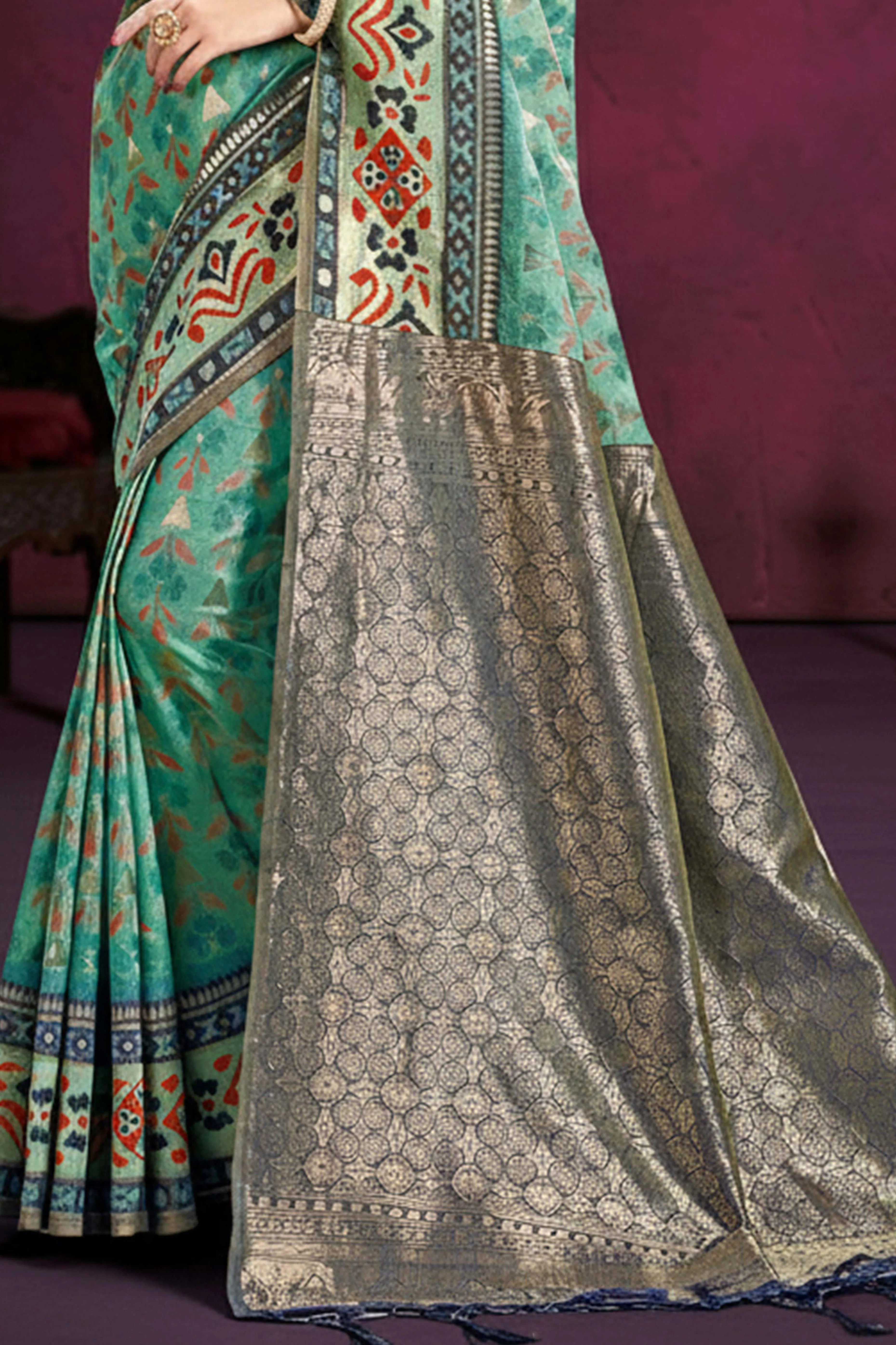 Designer Turquoise Cotton Silk Saree Showcasing Delicate Floral Weaving & Tassel Pallu - Image 5