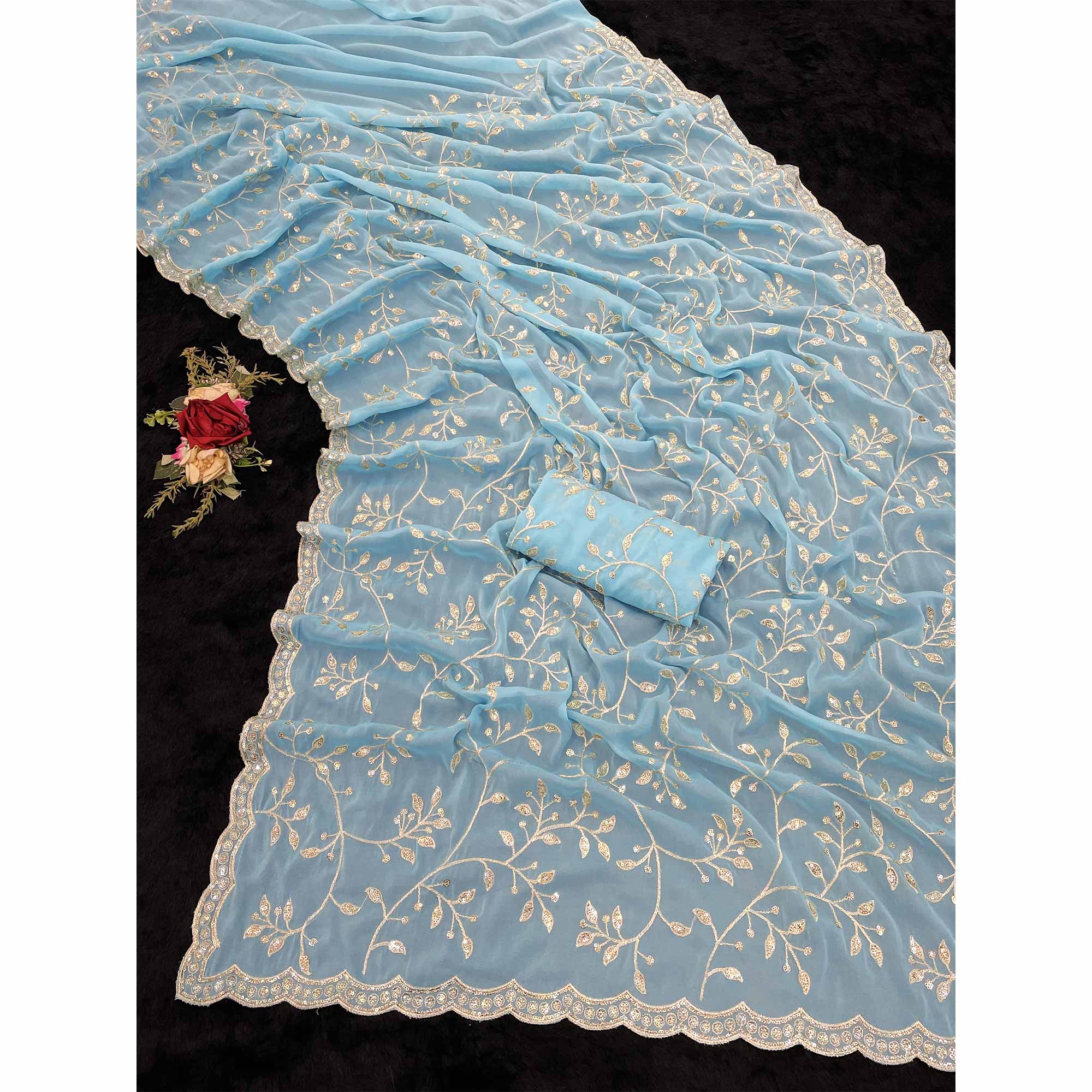 Designer Turquoise Georgette Saree Featuring Intricate Sequins & Embroidery Work - Image 5
