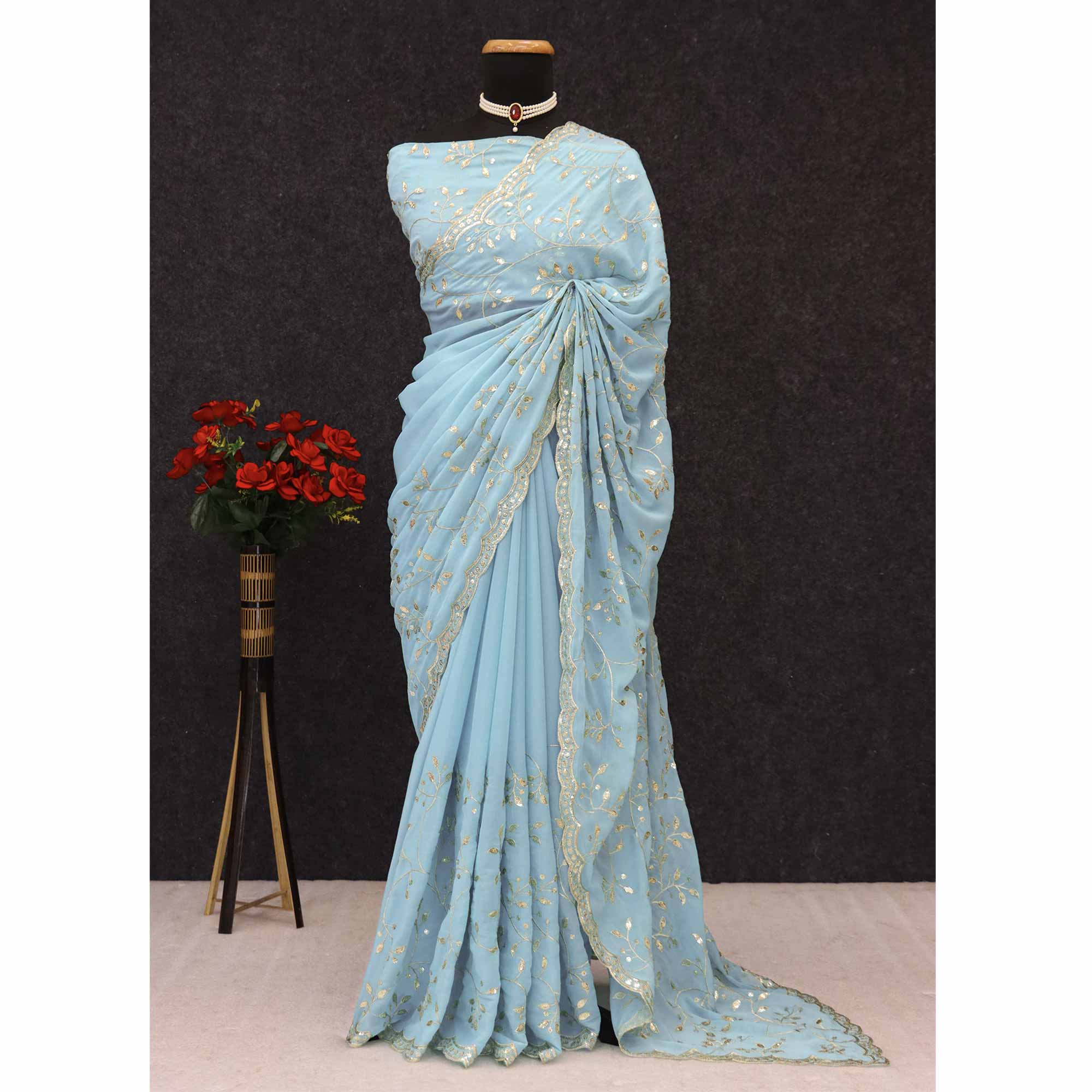 Designer Turquoise Georgette Saree Featuring Intricate Sequins & Embroidery Work - Image 7