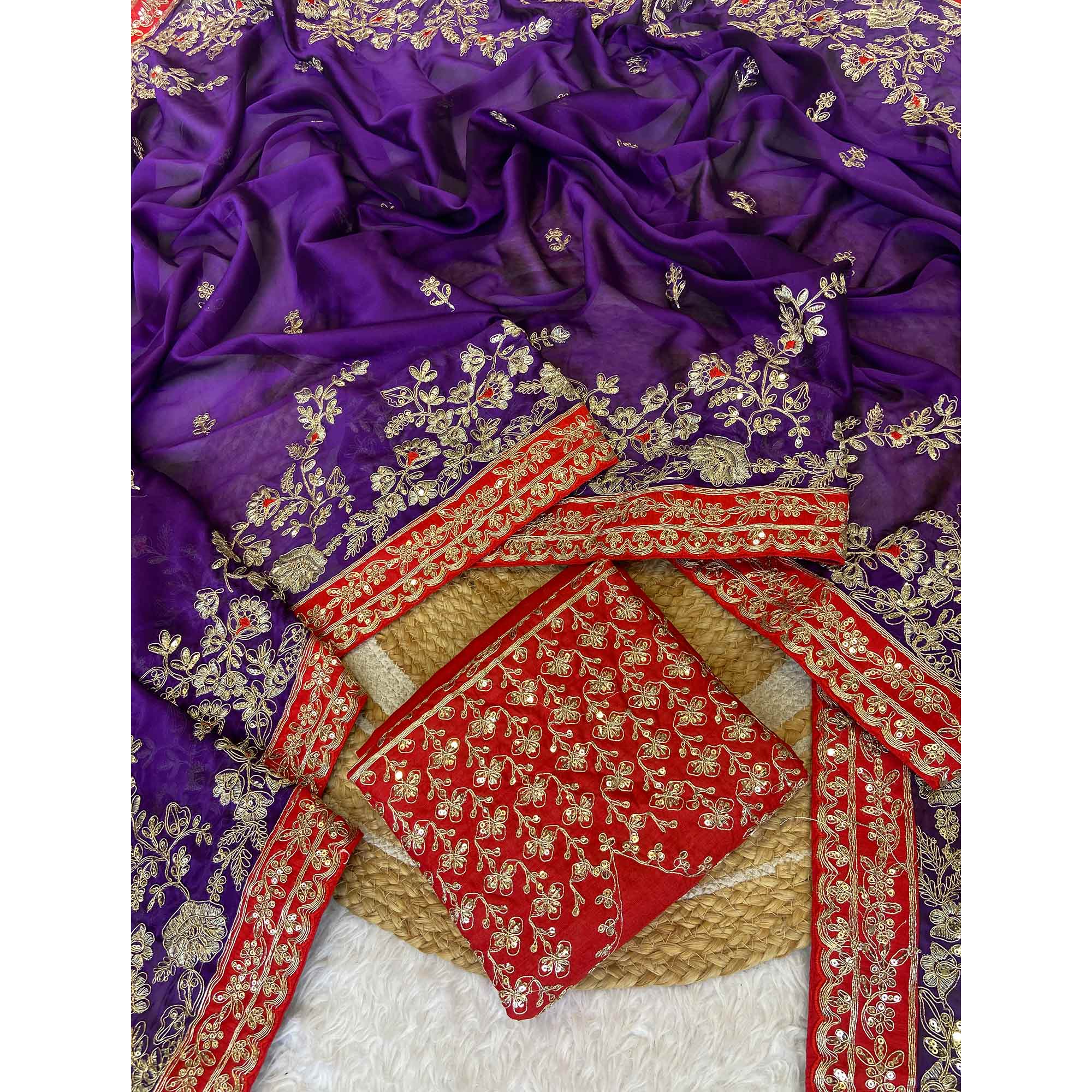 Designer Violet Embroidered Satin Saree with Fine Thread Detailing - Image 3