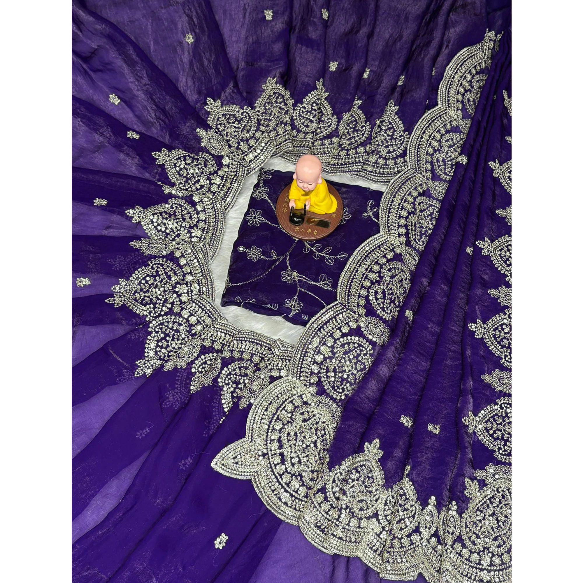 Designer Violet Fandy Satin Saree with All-Over Sequins Embellishments - Image 3