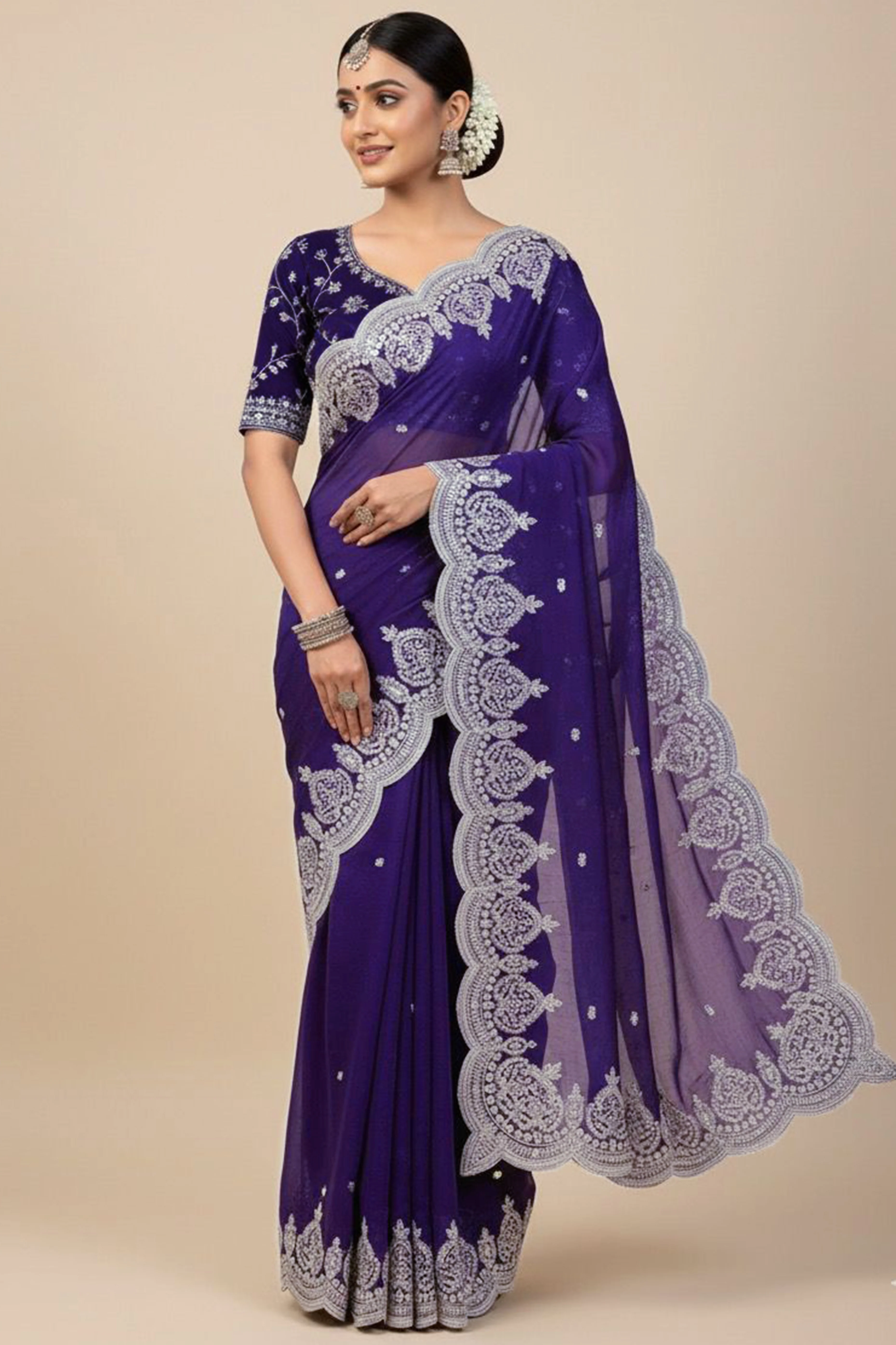 Designer Violet Fandy Satin Saree with All-Over Sequins Embellishments - Image 5
