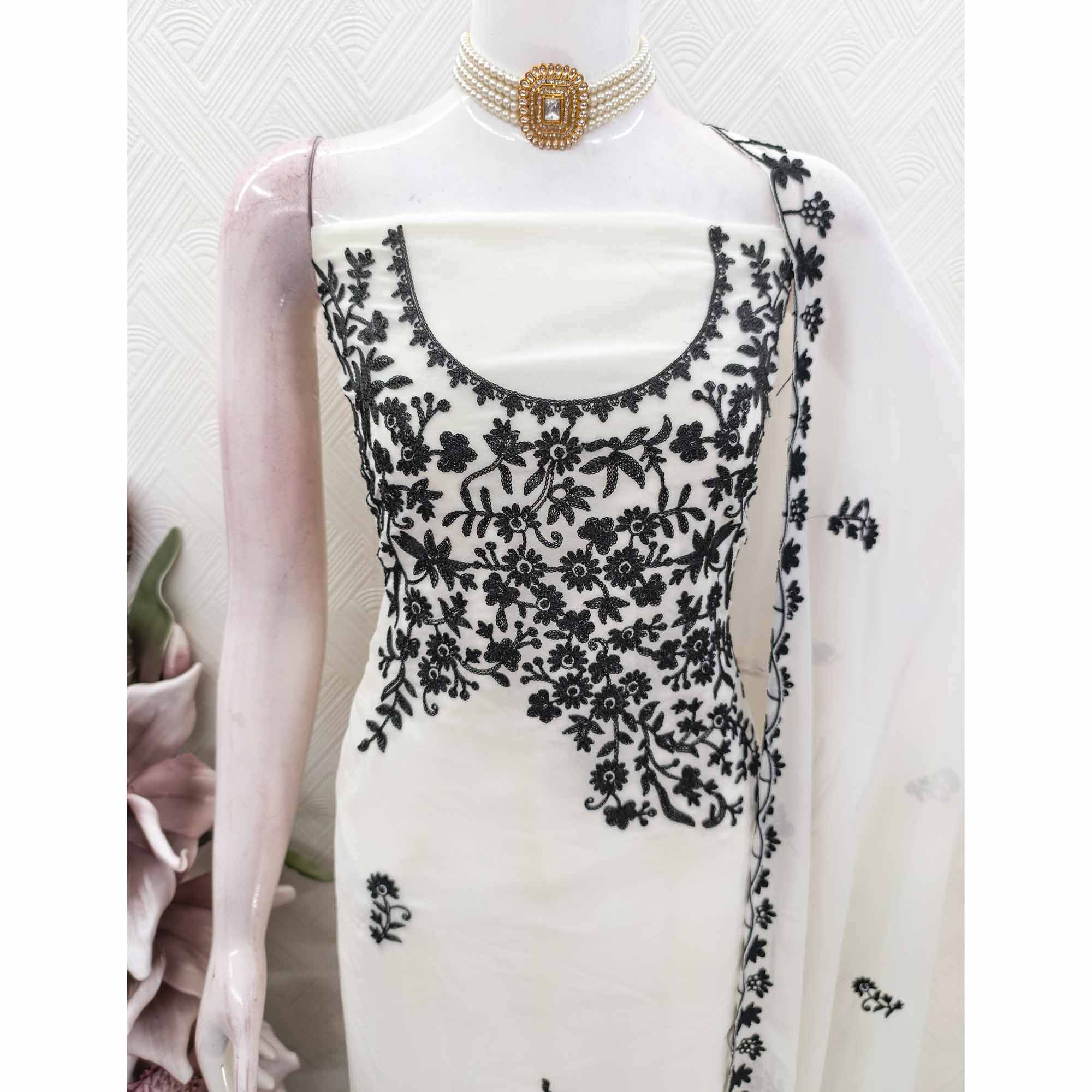 Designer White Floral Embroidered Georgette Material for Stylish Dresses and Outfits - Image 6