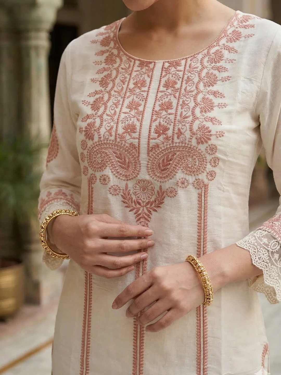 Designer White Mul Chanderi A-Line Salwar Suit with Elegant Embroidery Work - Image 4