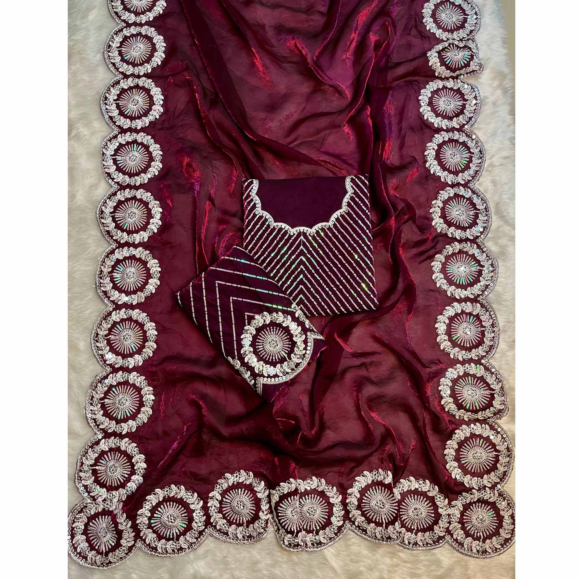 Designer Wine Fandy Satin Saree Featuring Intricate Sequins Embroidery for Elegant Styling - Image 4