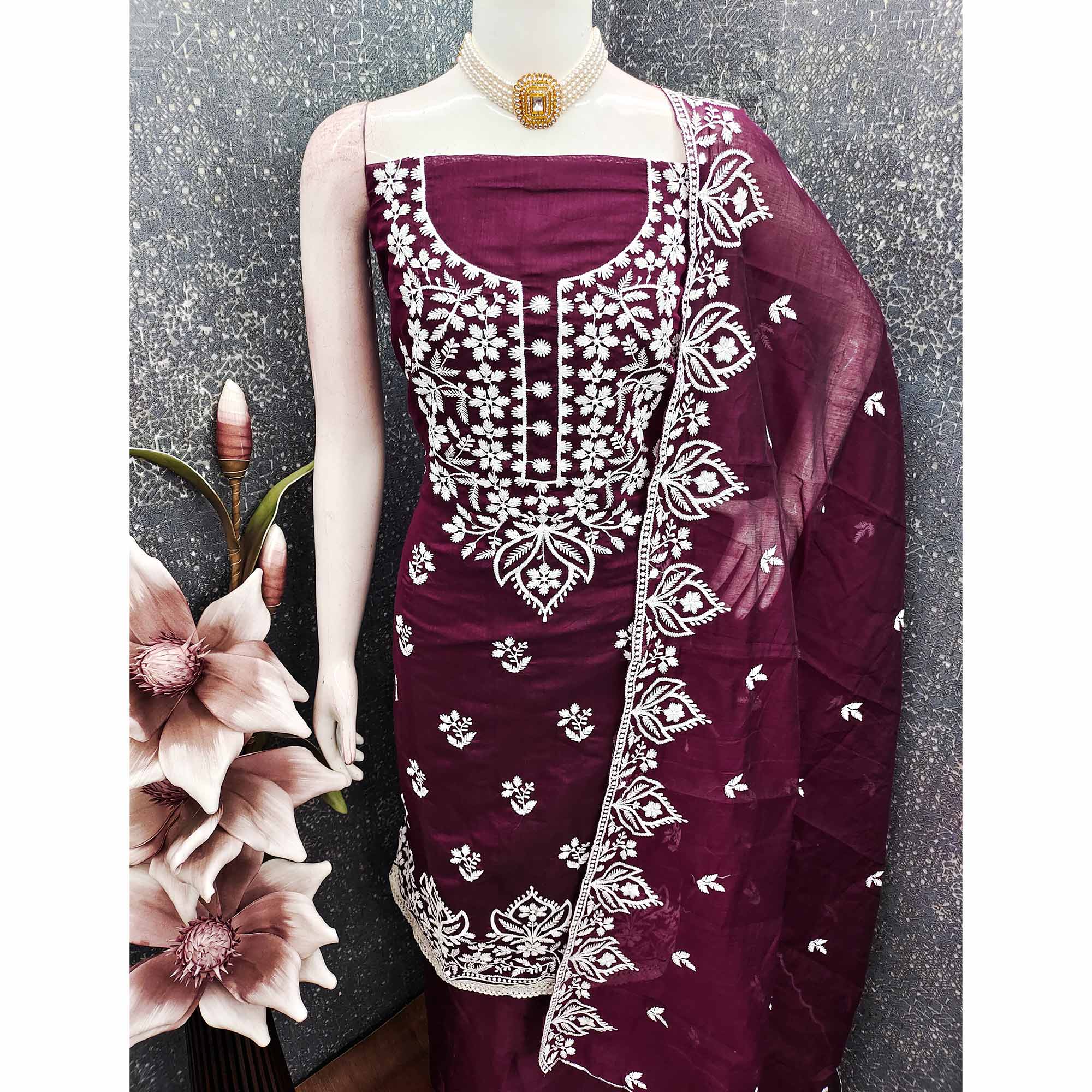 Designer Wine Floral Thread Embroidered Chanderi Cotton Dress Material - Image 6