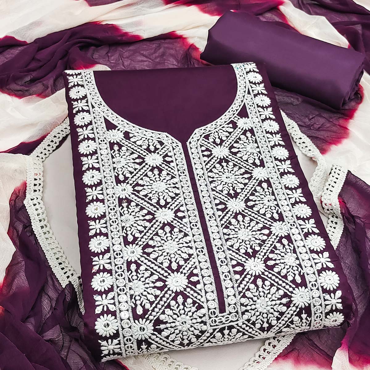 Designer Wine Pure Cotton Dress Material Showcasing Floral Thread Embroidery & Luxe Sequins Work - Image 2