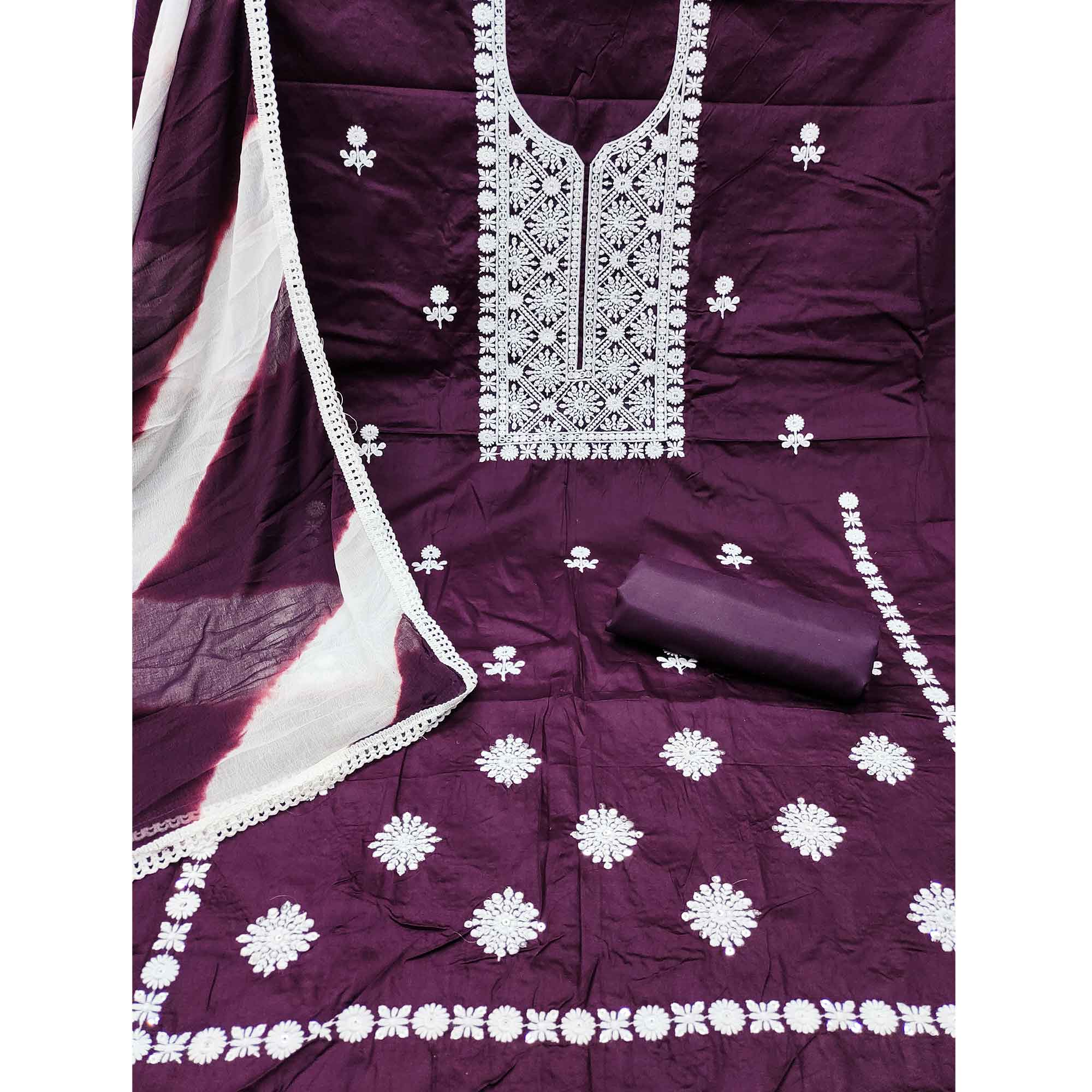 Designer Wine Pure Cotton Dress Material Showcasing Floral Thread Embroidery & Luxe Sequins Work - Image 3