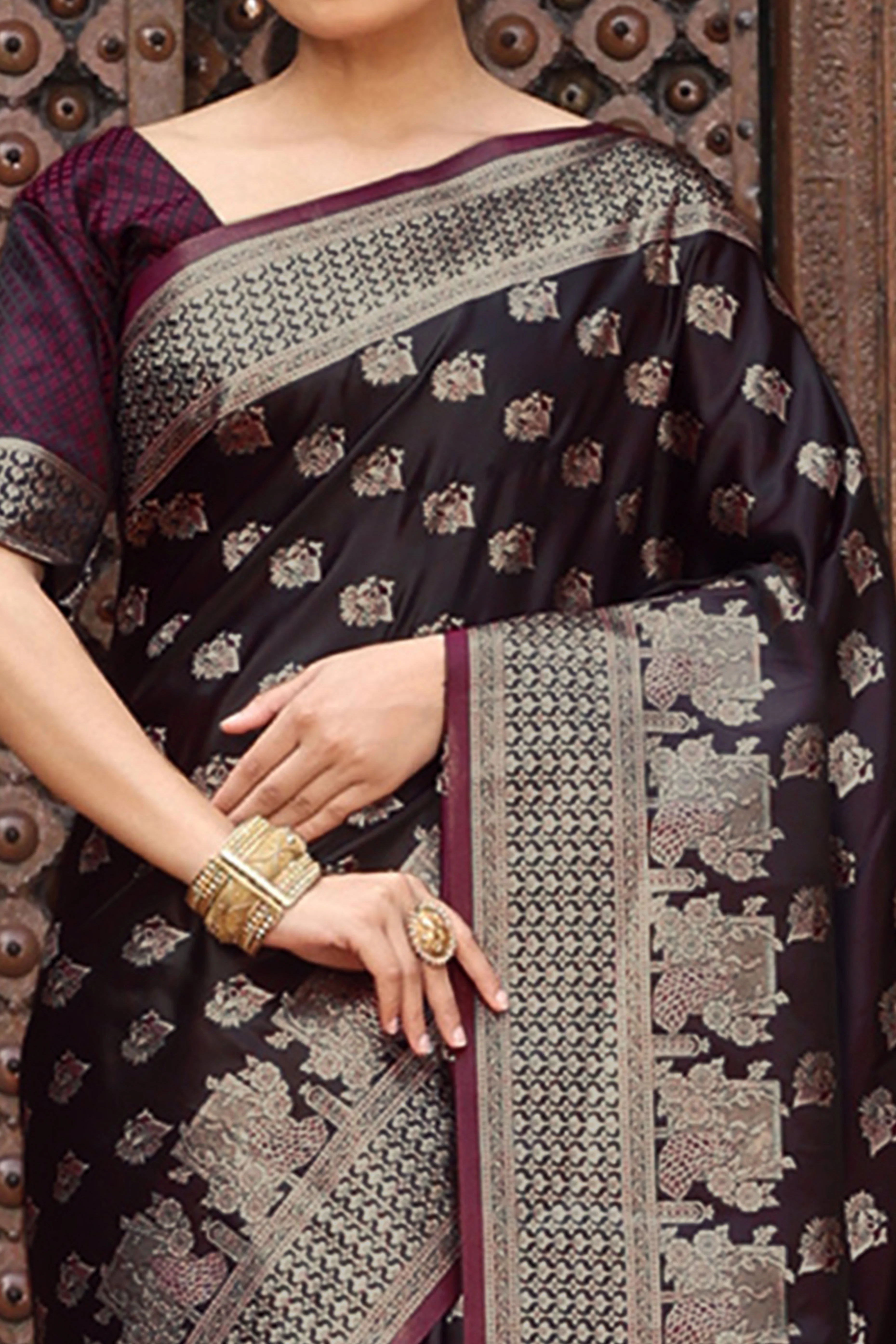 Designer Wine Saree Showcasing Peacock & Floral Zari Weaving With Handmade Tassel Pallu - Image 2