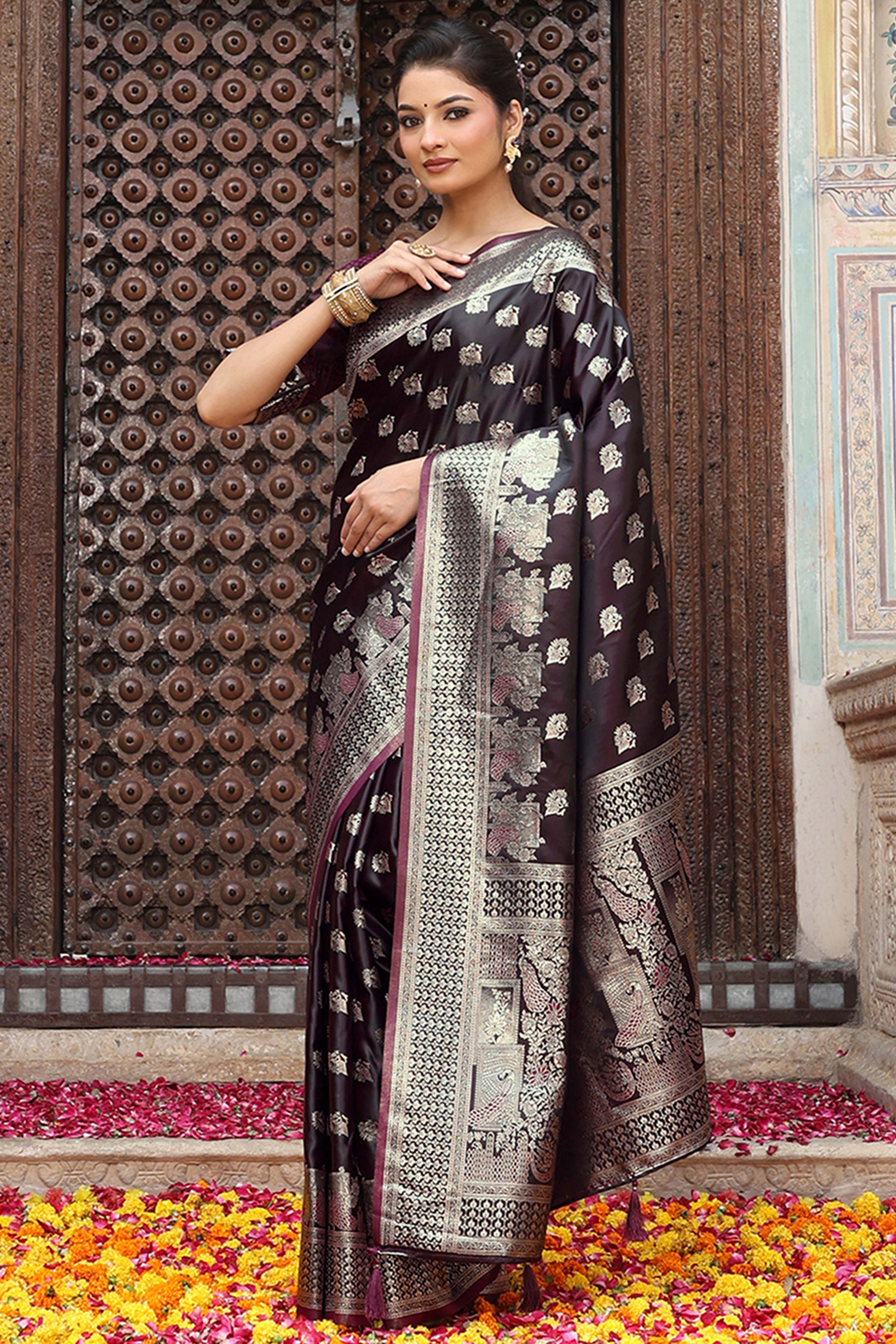 Designer Wine Saree Showcasing Peacock & Floral Zari Weaving With Handmade Tassel Pallu - Image 3