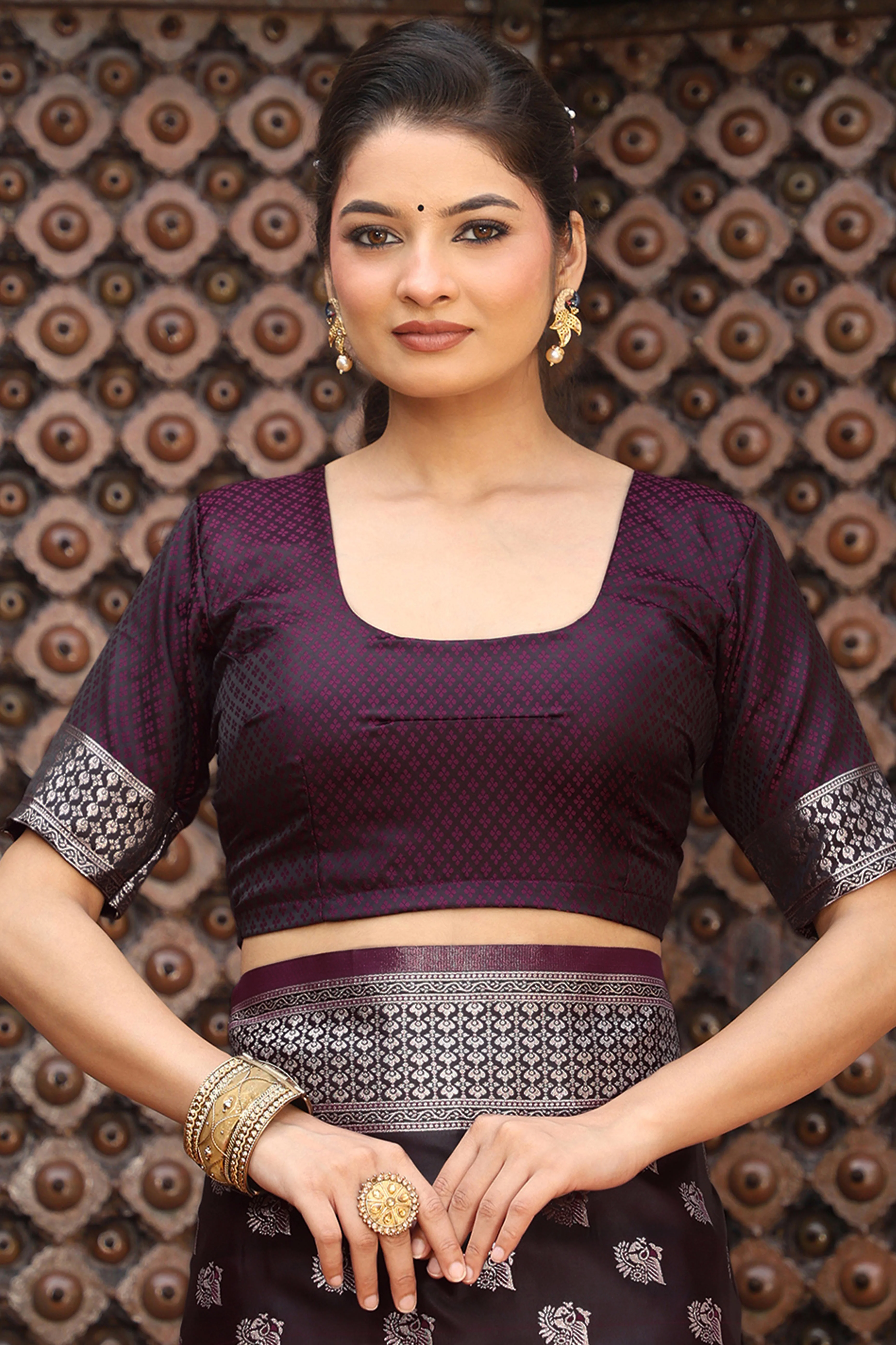Designer Wine Saree Showcasing Peacock & Floral Zari Weaving With Handmade Tassel Pallu - Image 6