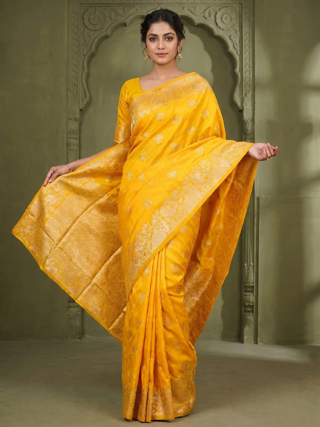 Designer Yellow Floral Art Silk Saree Featuring Intricate Zari Weaving Work