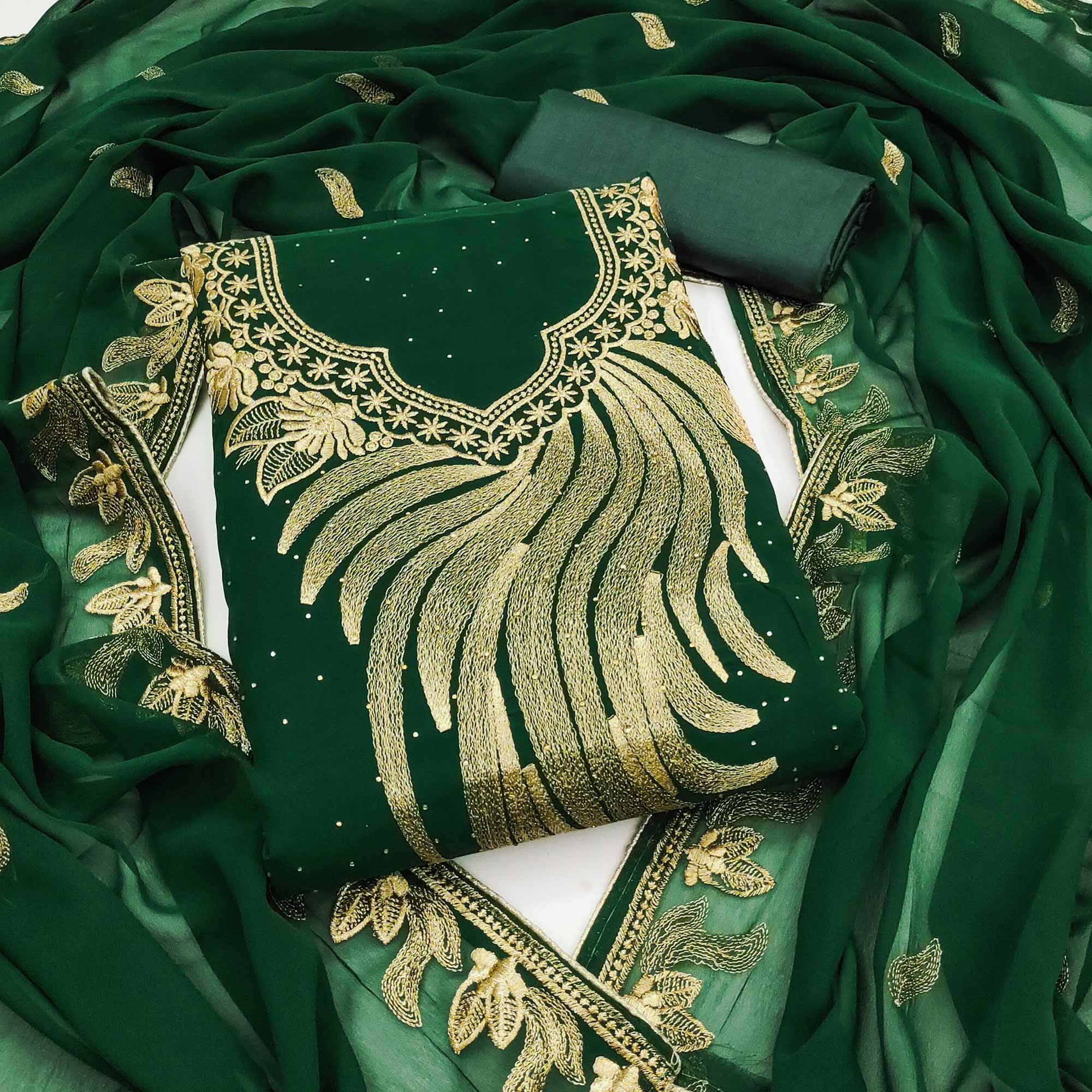 Drape Yourself In Luxury Green Floral Embroidery With Stone Work Georgette Dress Material - Image 3