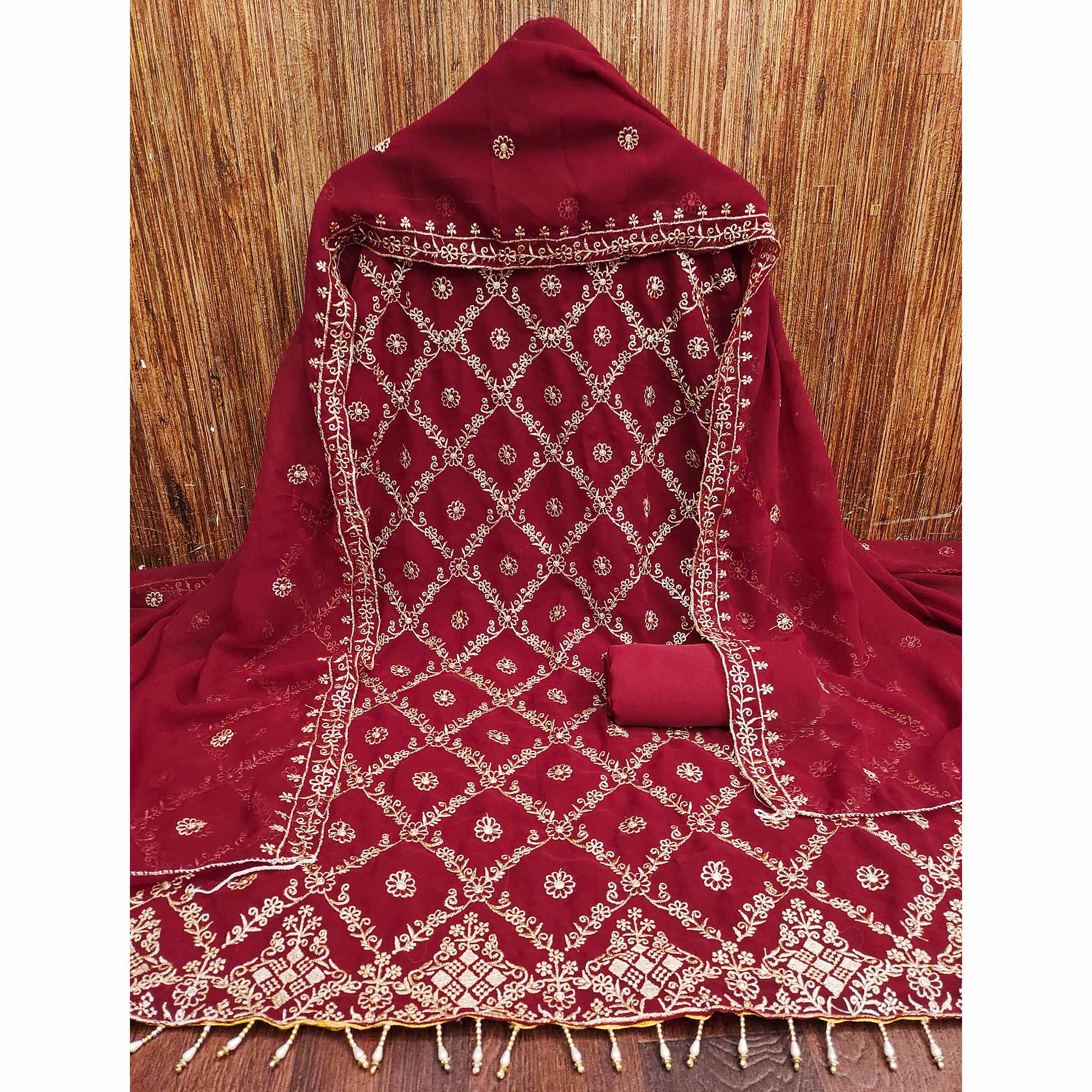 Drape Yourself In Luxury Maroon Floral Embroidered Georgette Dress Material - Image 3
