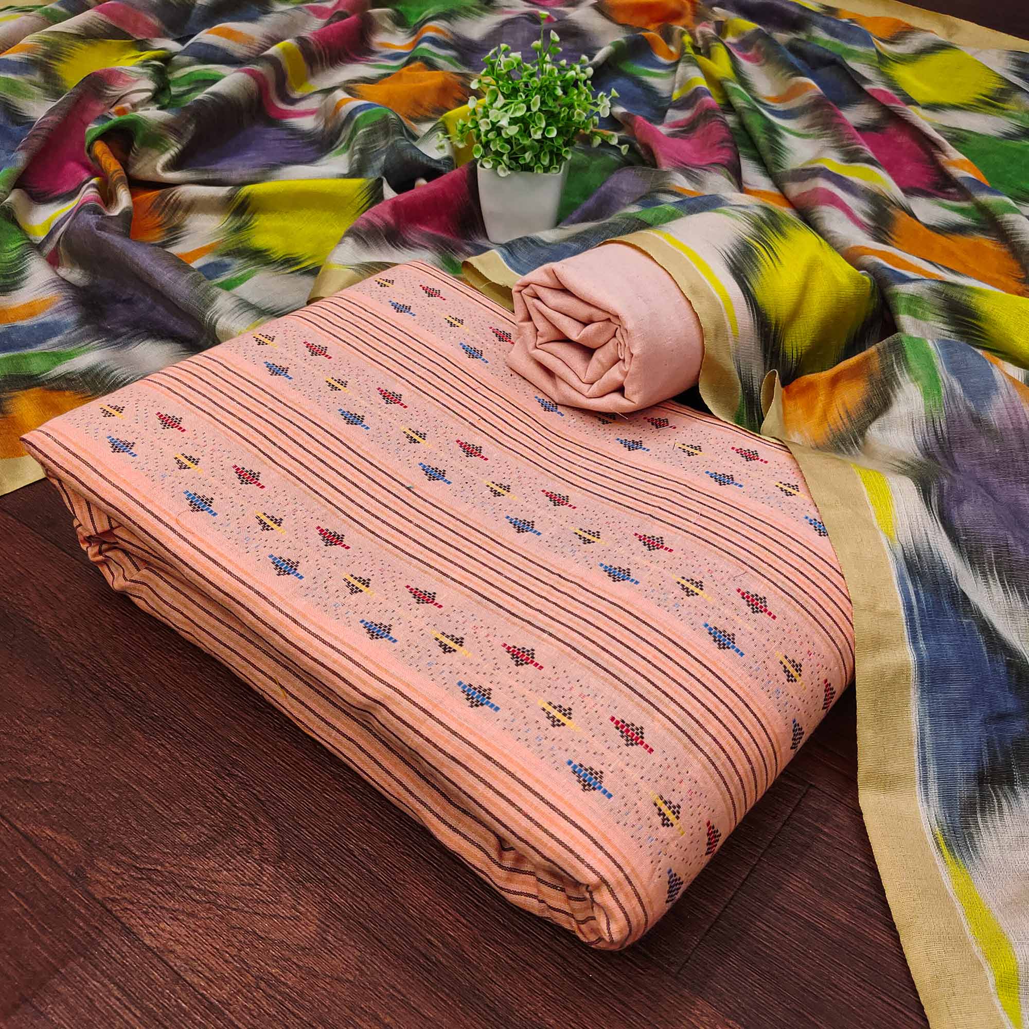 Drape Yourself In Luxury Peach Woven Cotton Blend Dress Material - Image 3