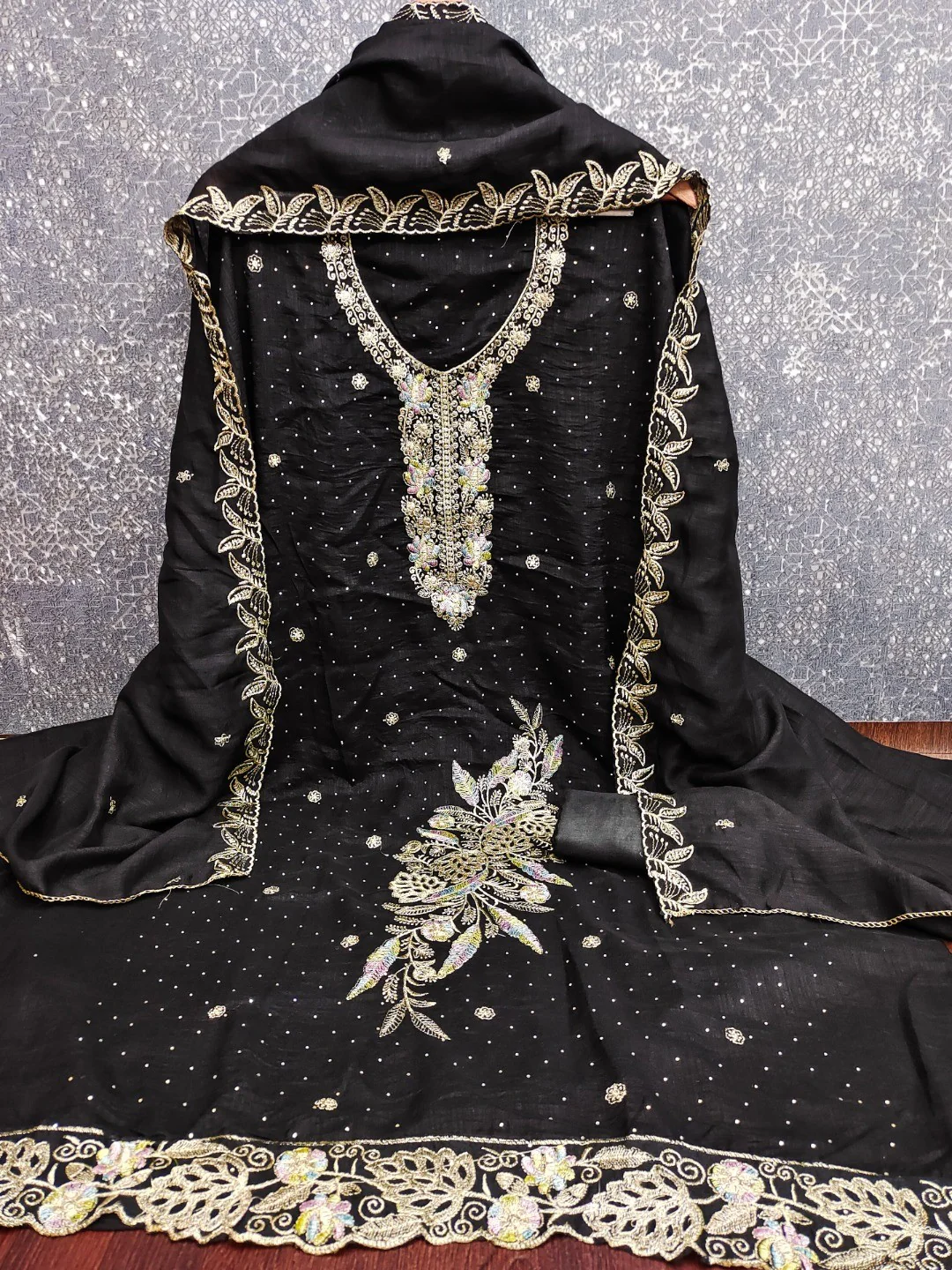 Dreamy Black Floral Embroidery Vichitra Silk Dress Material Enhanced With Swarovski Work - Image 2