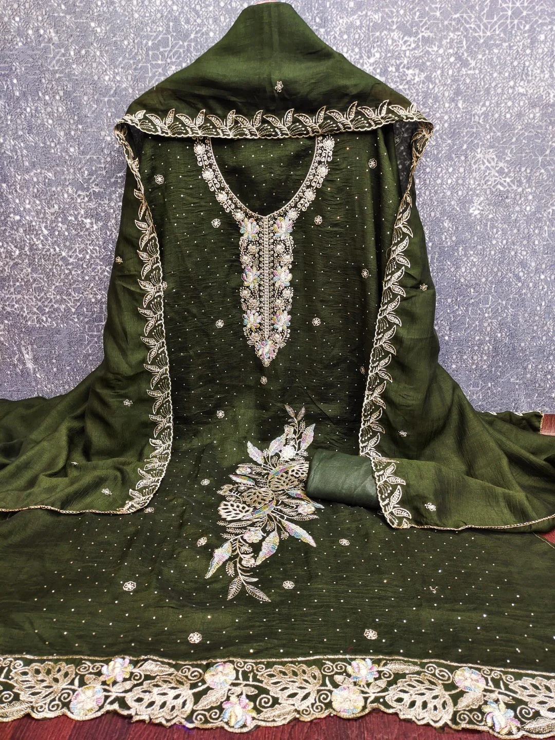 Dreamy Mehendi Green Floral Embroidery Vichitra Silk Dress Material Enhanced With Swarovski Work - Image 2