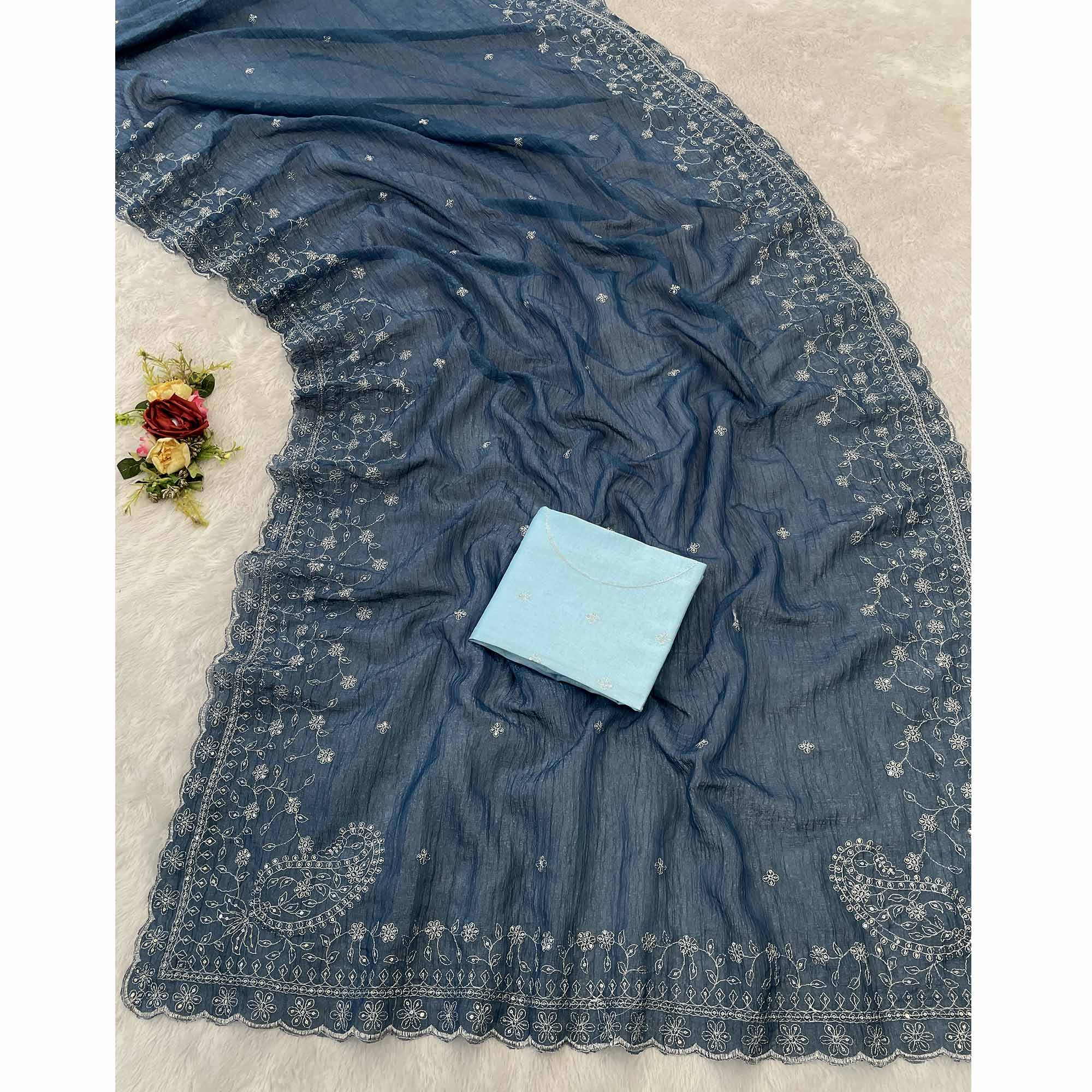 Dusty Blue Silk Blend Crush Saree Adorned With Floral Thread Embroidery & Sequins - Image 3