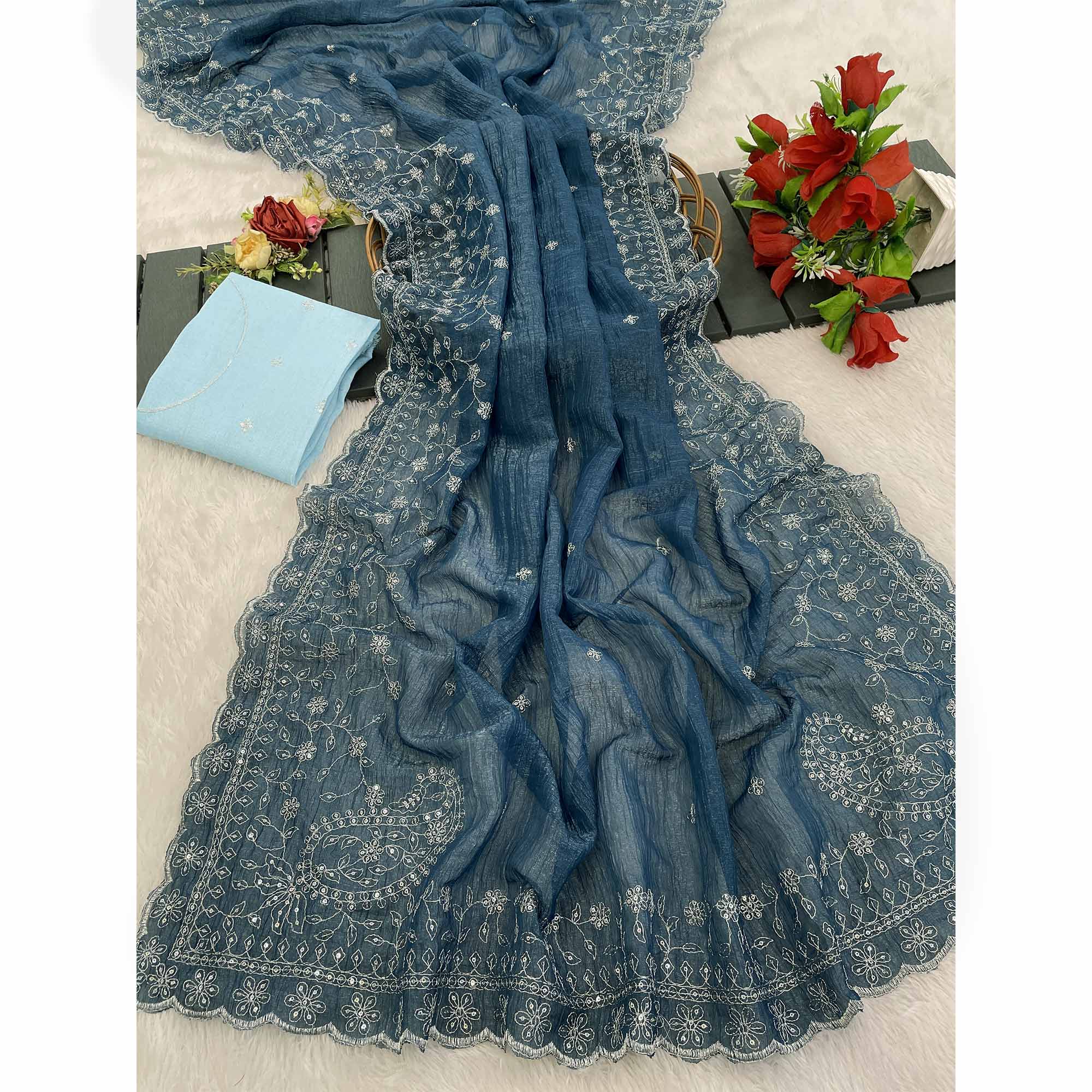 Dusty Blue Silk Blend Crush Saree Adorned With Floral Thread Embroidery & Sequins - Image 4