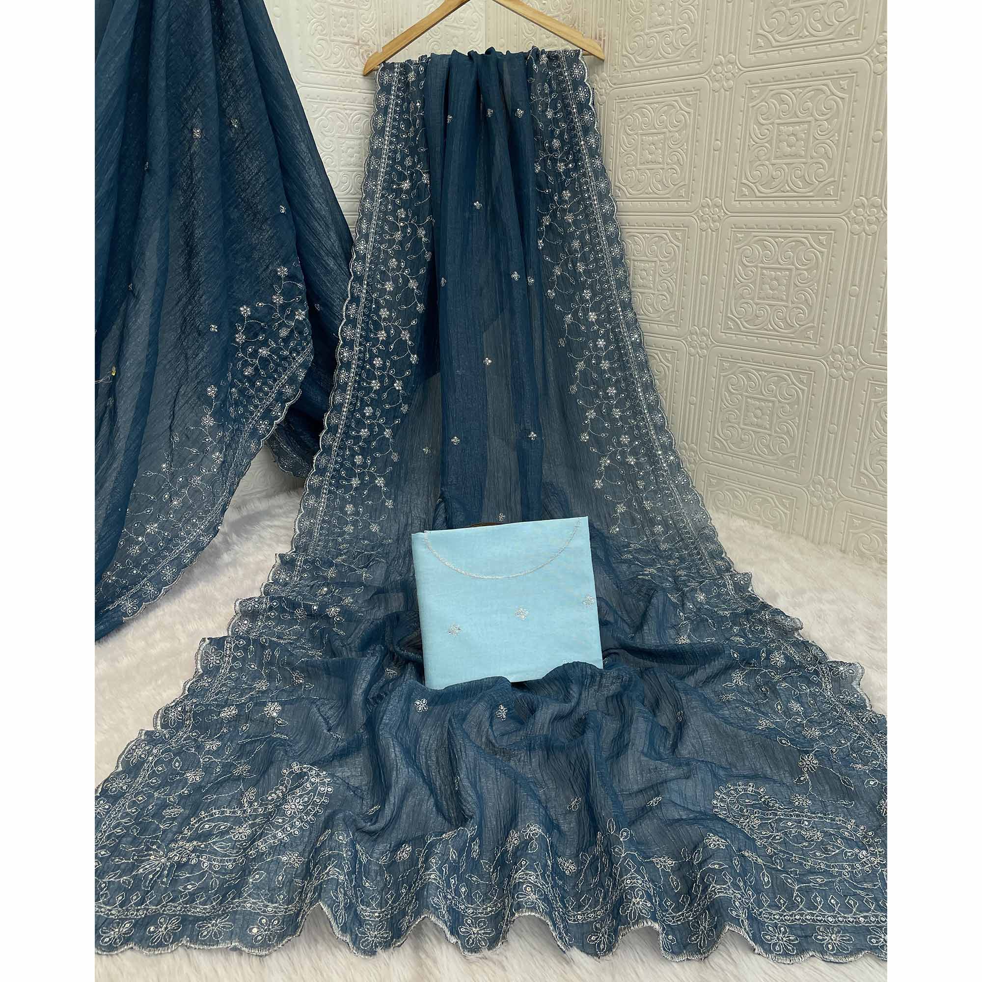 Dusty Blue Silk Blend Crush Saree Adorned With Floral Thread Embroidery & Sequins - Image 5