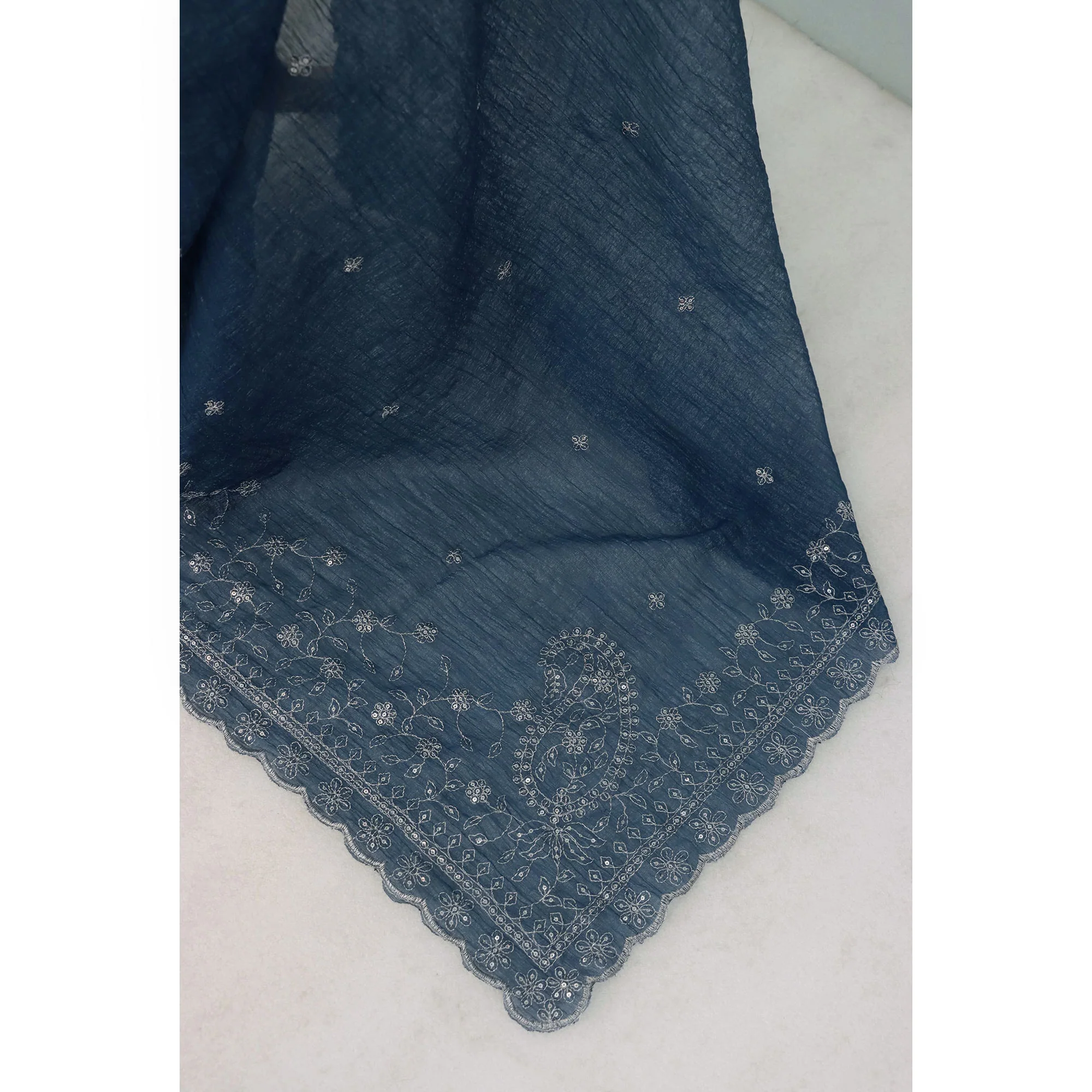 Dusty Blue Silk Blend Crush Saree Adorned With Floral Thread Embroidery & Sequins - Image 6