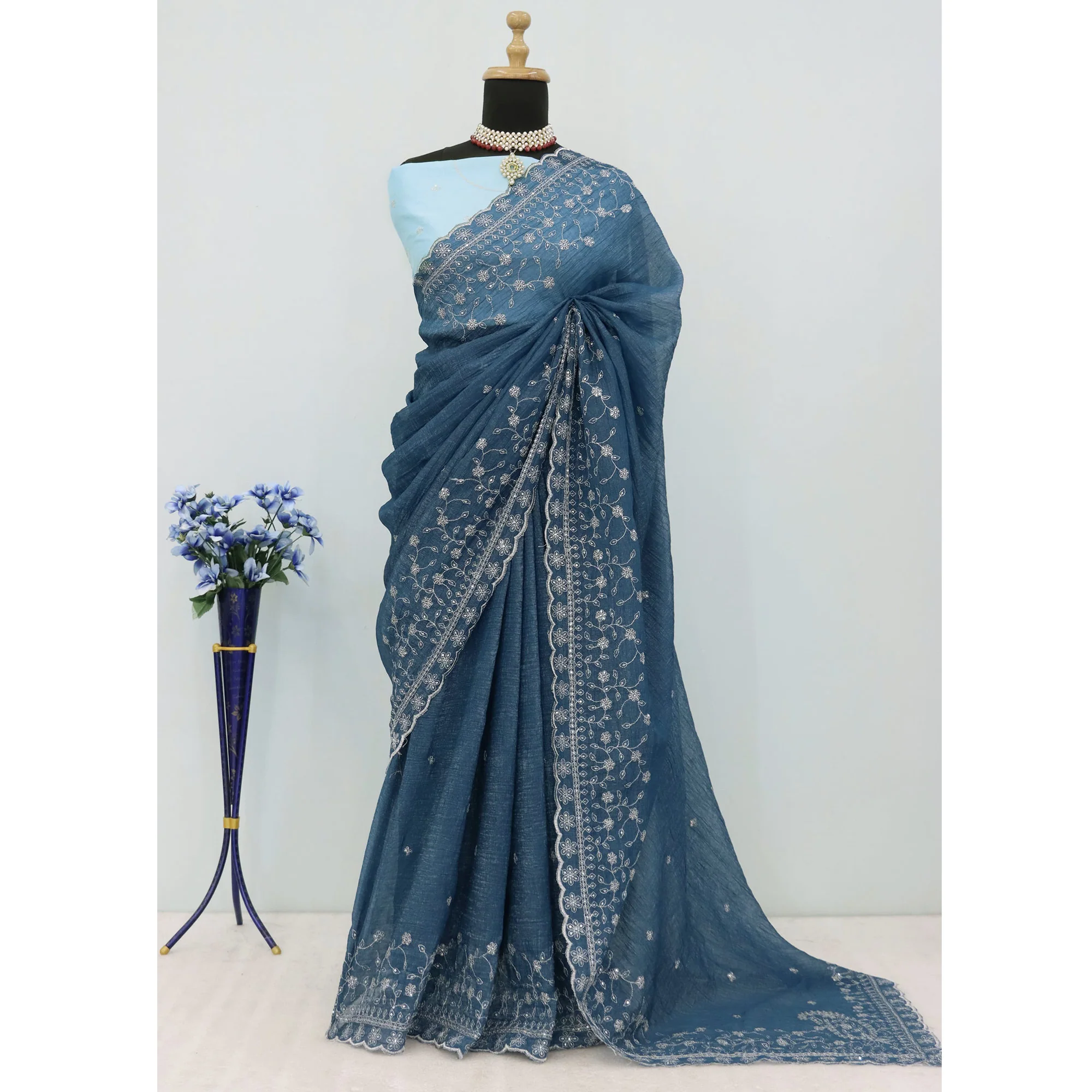 Dusty Blue Silk Blend Crush Saree Adorned With Floral Thread Embroidery & Sequins - Image 7