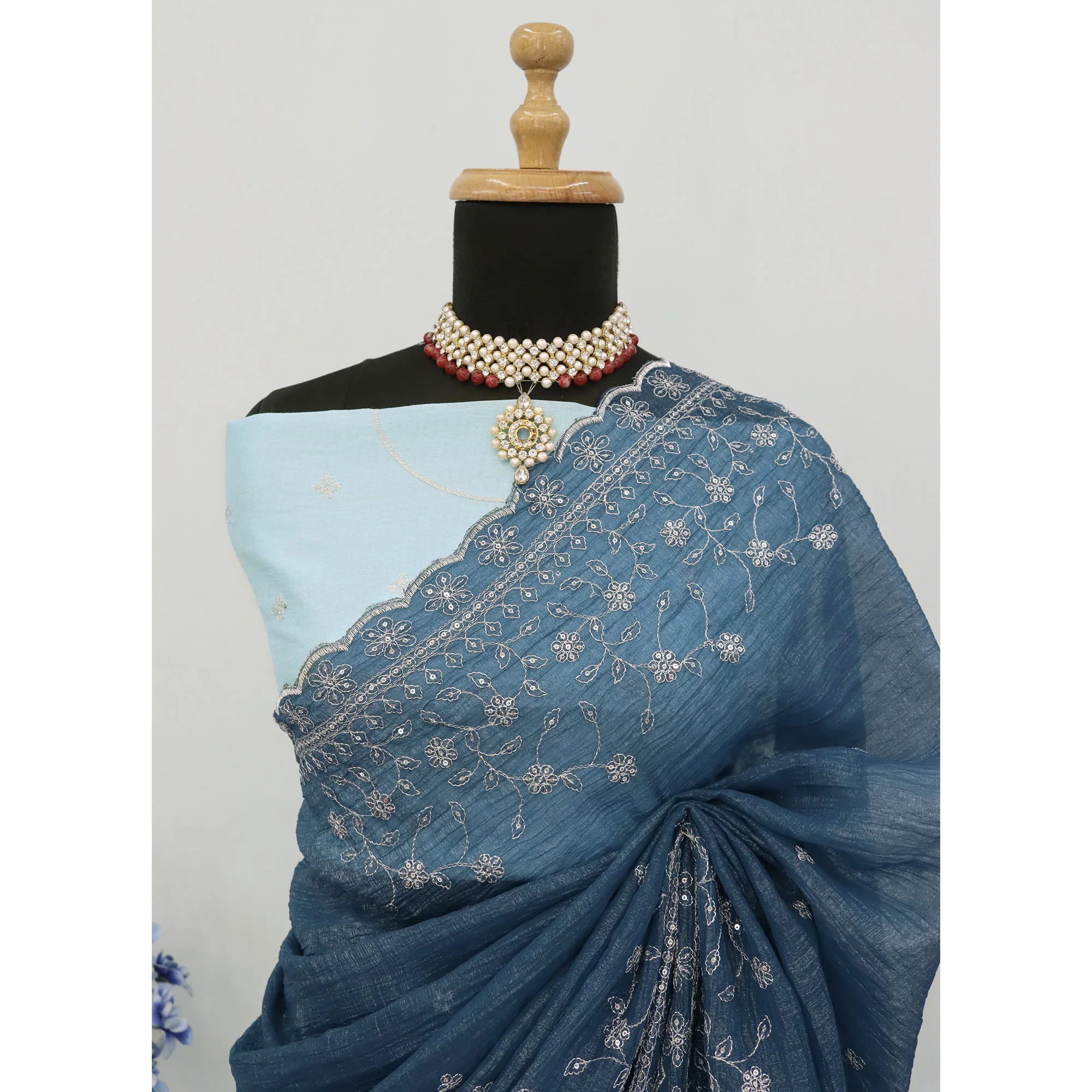 Dusty Blue Silk Blend Crush Saree Adorned With Floral Thread Embroidery & Sequins - Image 8