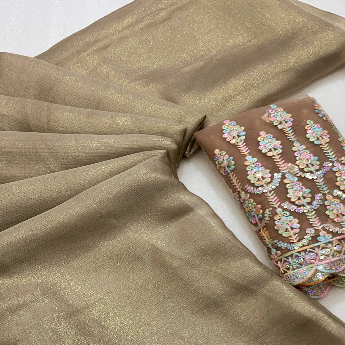 Dusty Brown Gold Coating Solid Chiffon Saree - Image 2