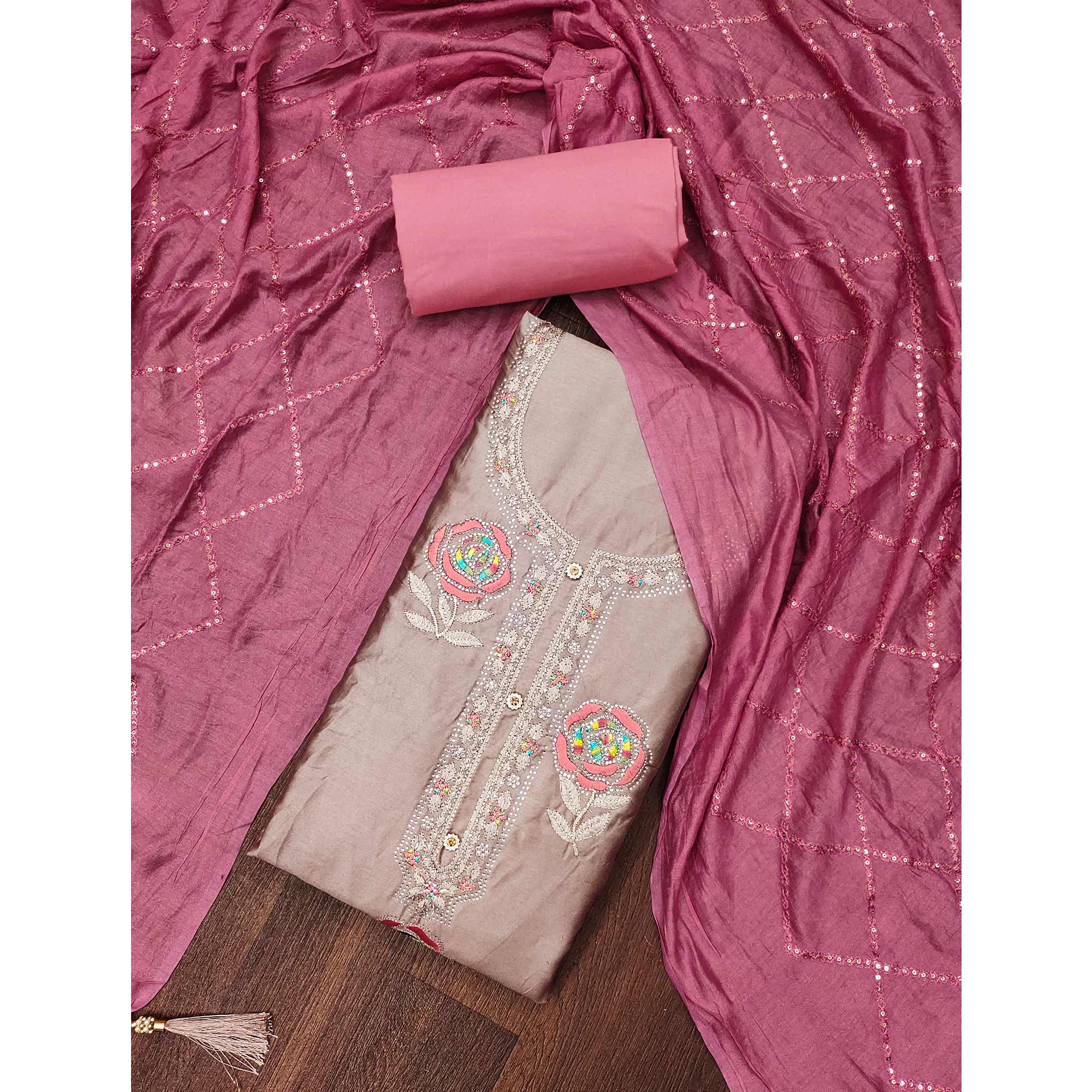 Dusty Brown Pure Cotton Dress Material Adorned With Floral Embroidery & Sparkling Swarovski - Image 3