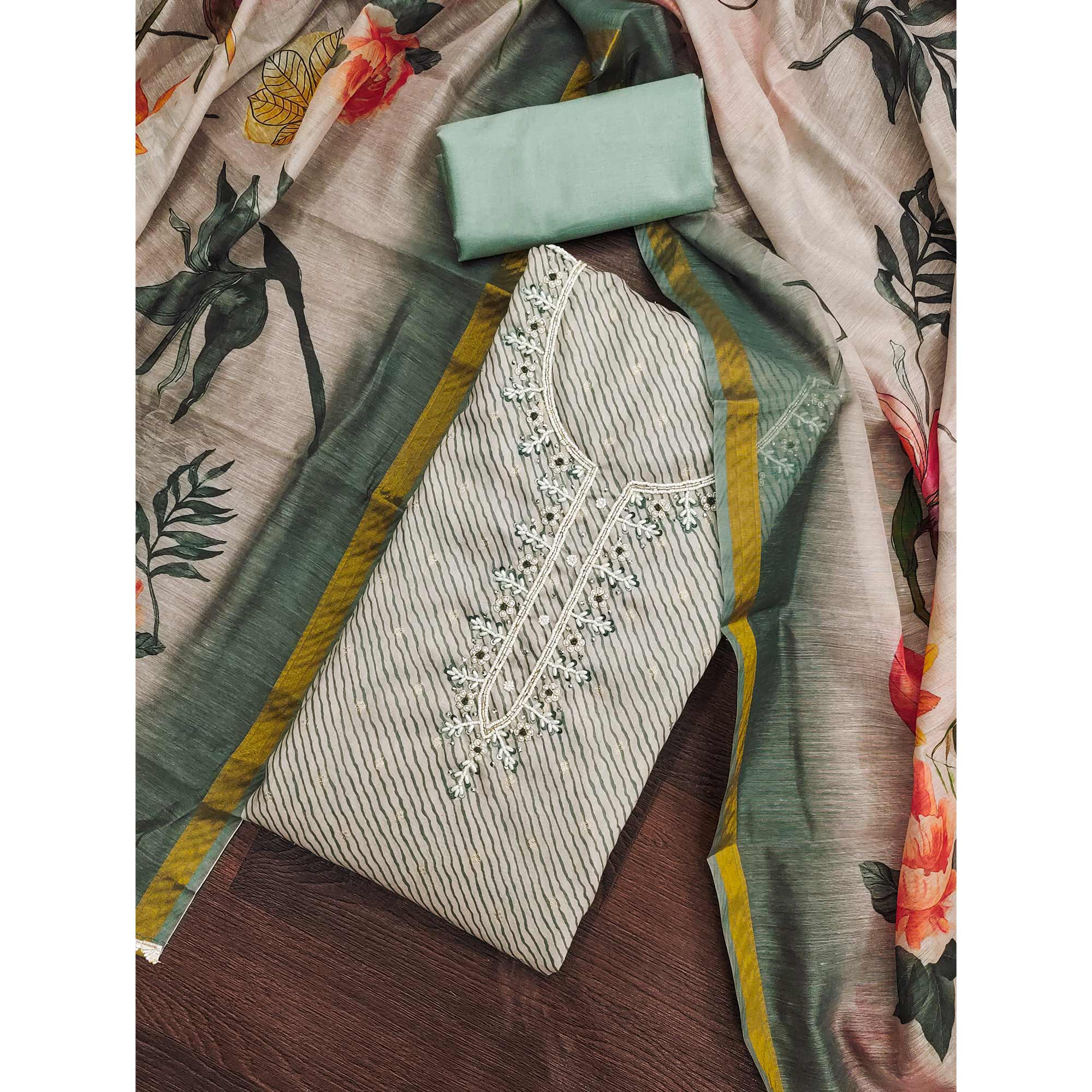 Dusty Green Digital Printed With Handwork Modal Chanderi Silk Dress Material - Image 3