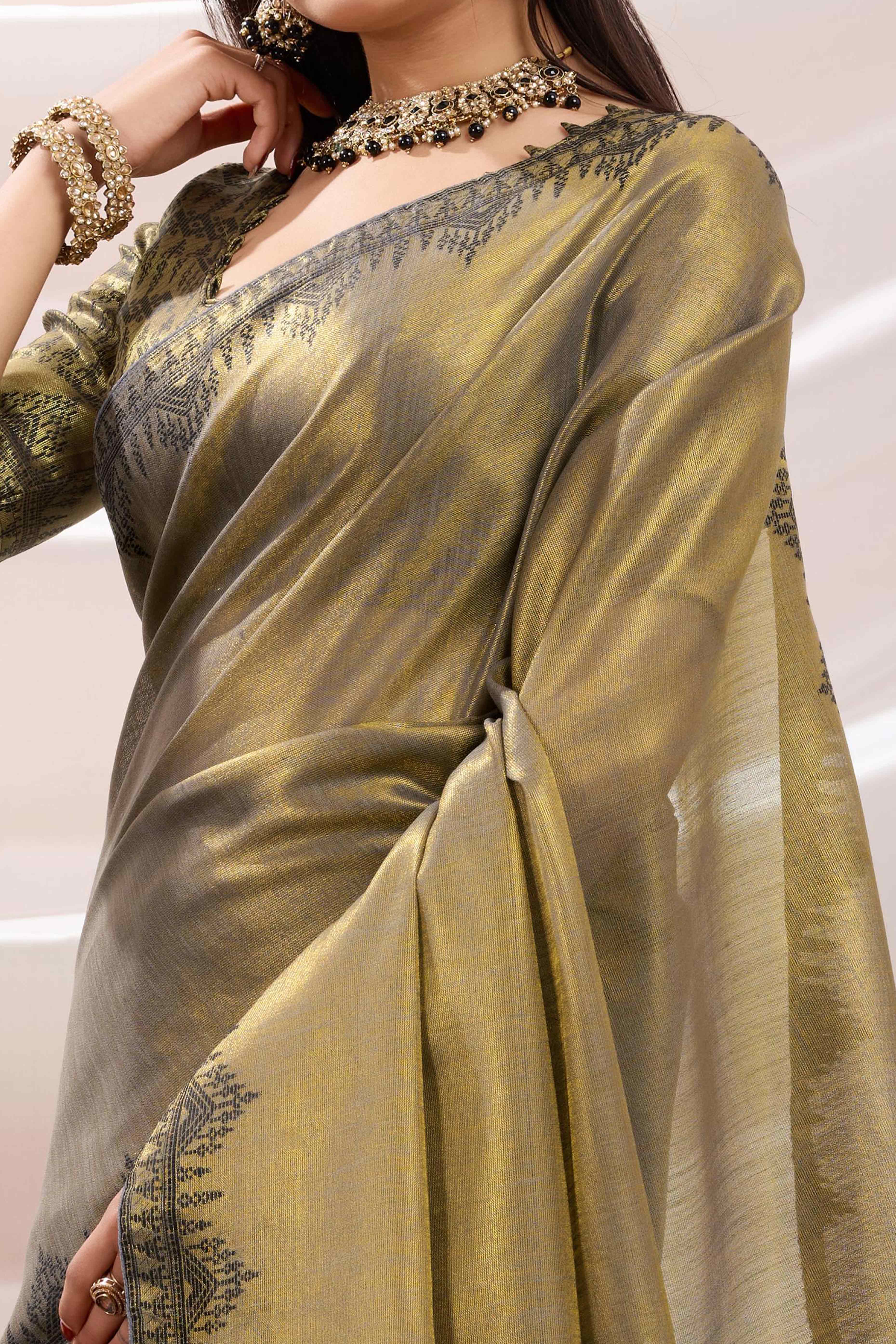 Dusty Green Festive Linen Tissue Saree with Zari Borders - Image 2