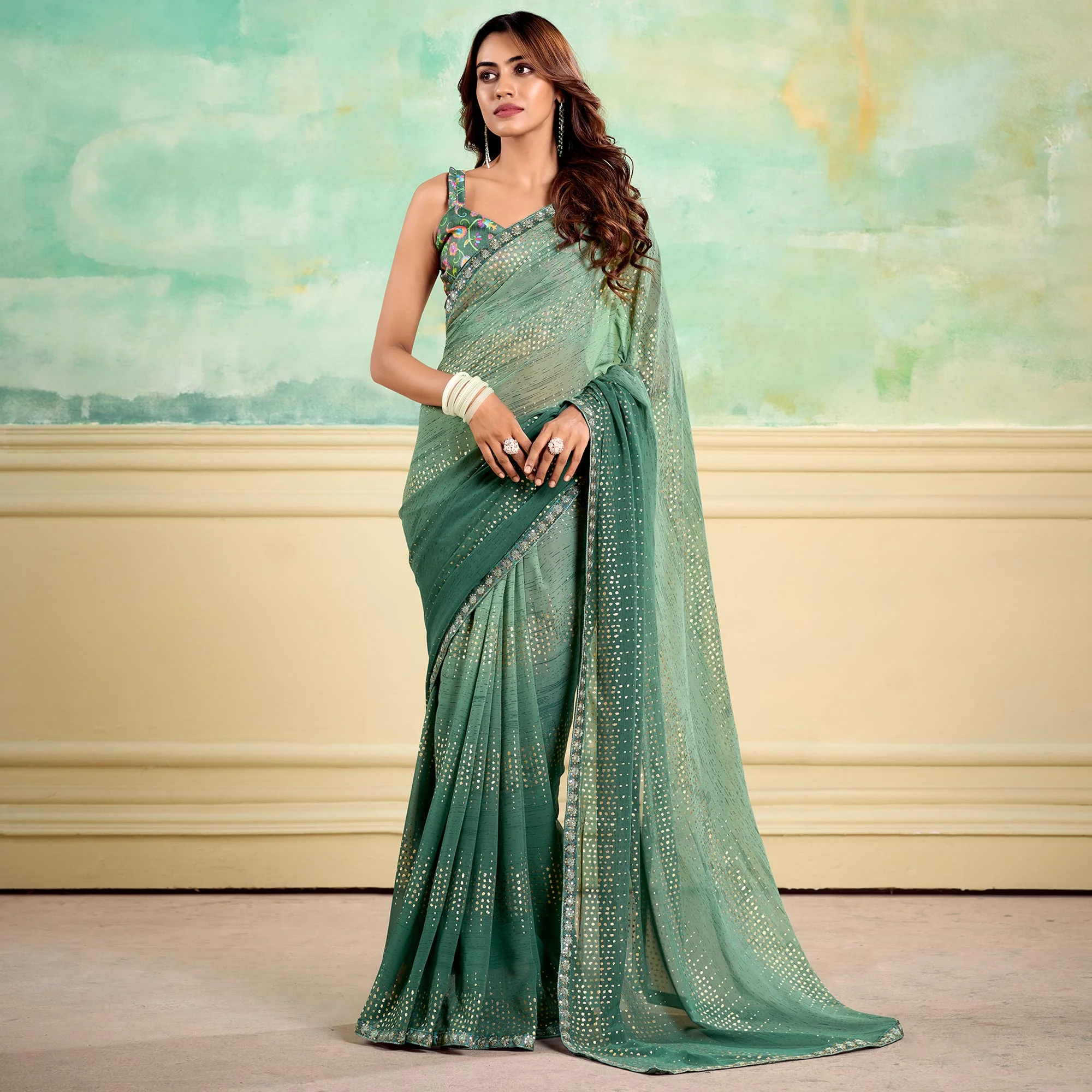 Dusty Green Foil Printed With Sequins Georgette Saree - Image 2