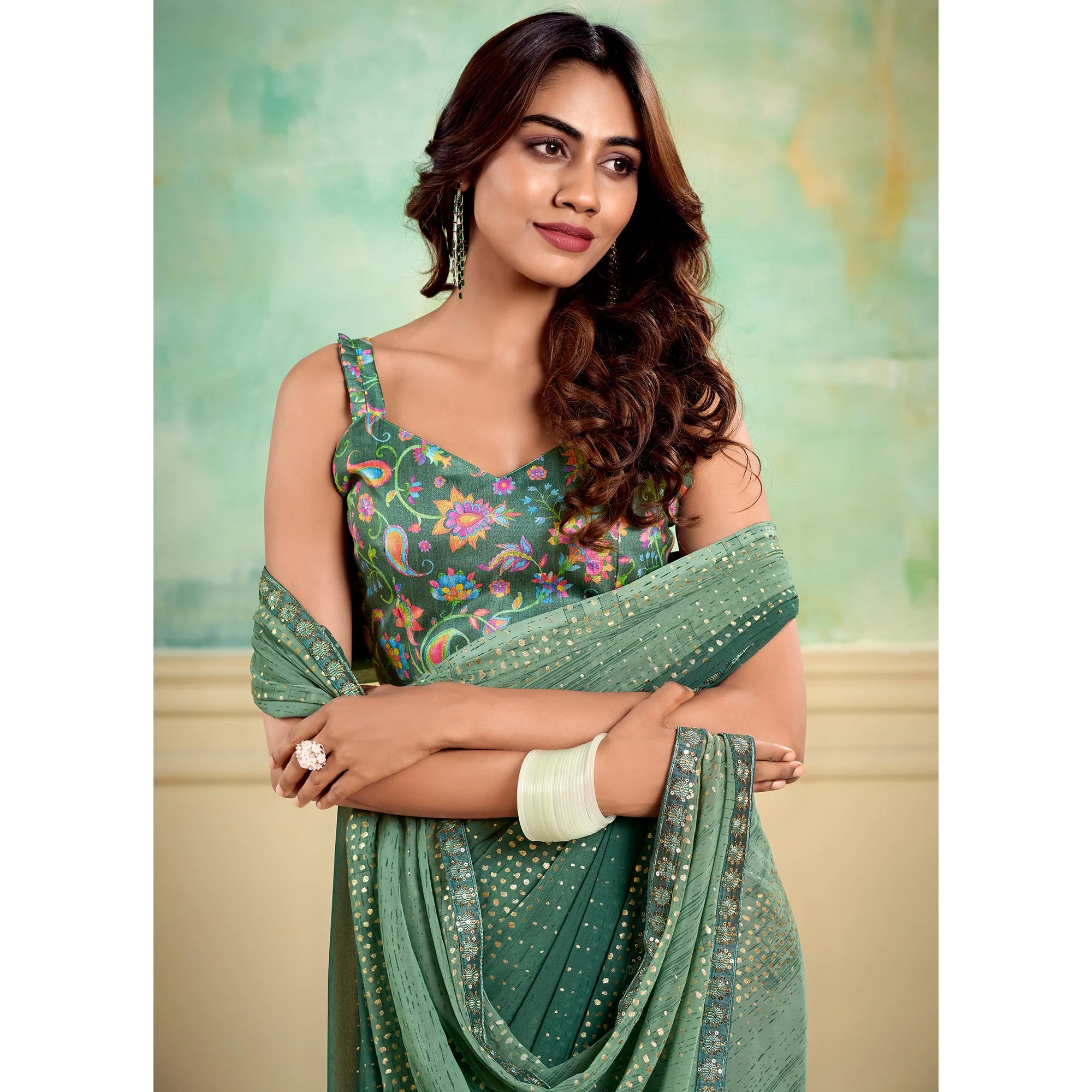 Dusty Green Foil Printed With Sequins Georgette Saree - Image 5
